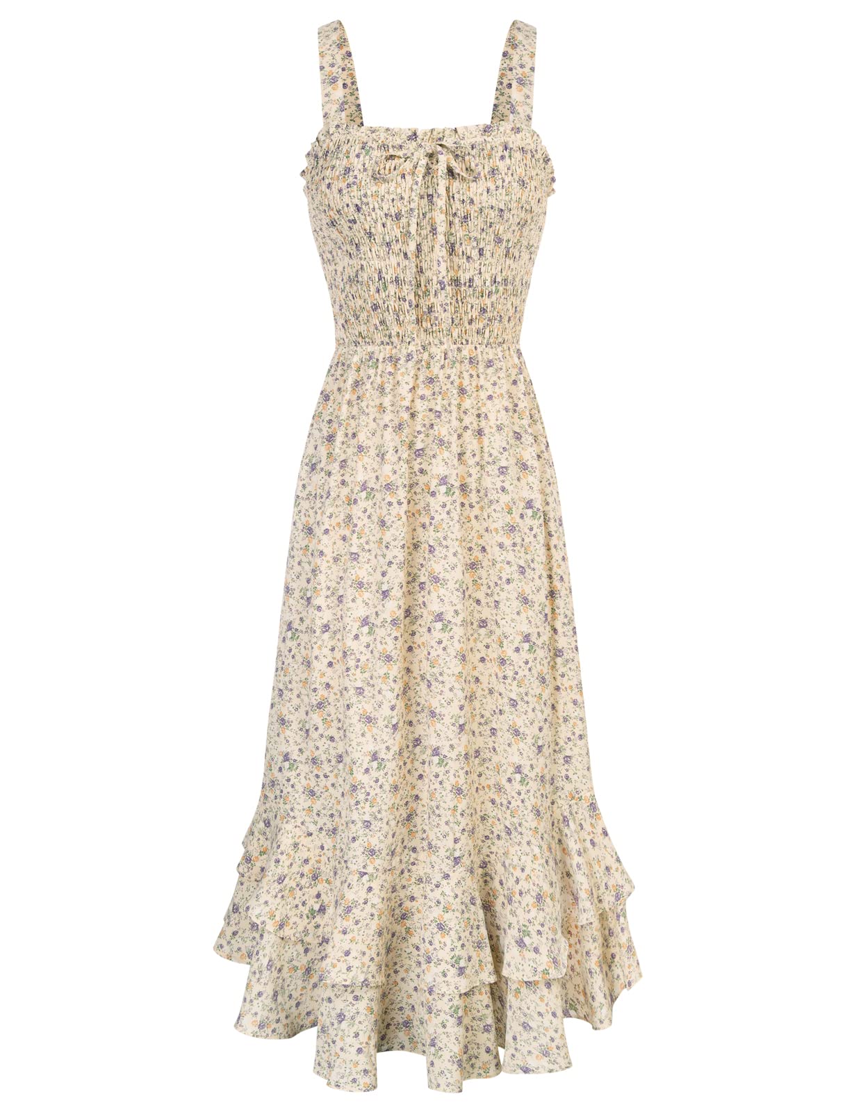 Mildred Robe Maxi Femme – Col Carré Bretelles, Coupe A-Line Smockée & Ourlet Volants Été