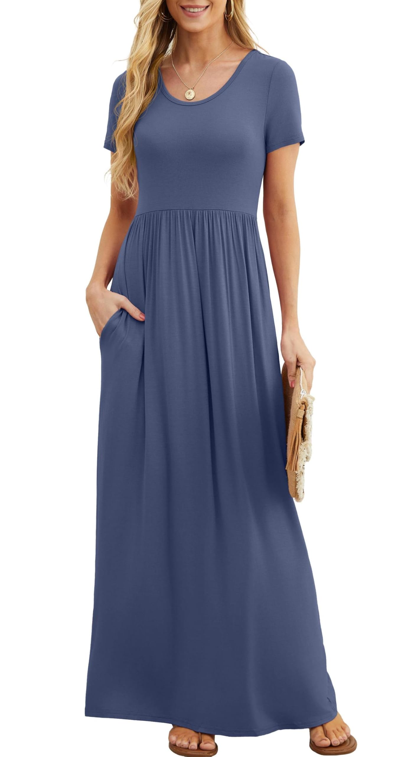 Vestido Maxi Bridget Mulher – Gola Redonda Lisa, Corte Fluido e Cintura Alta com Bolsos Verão