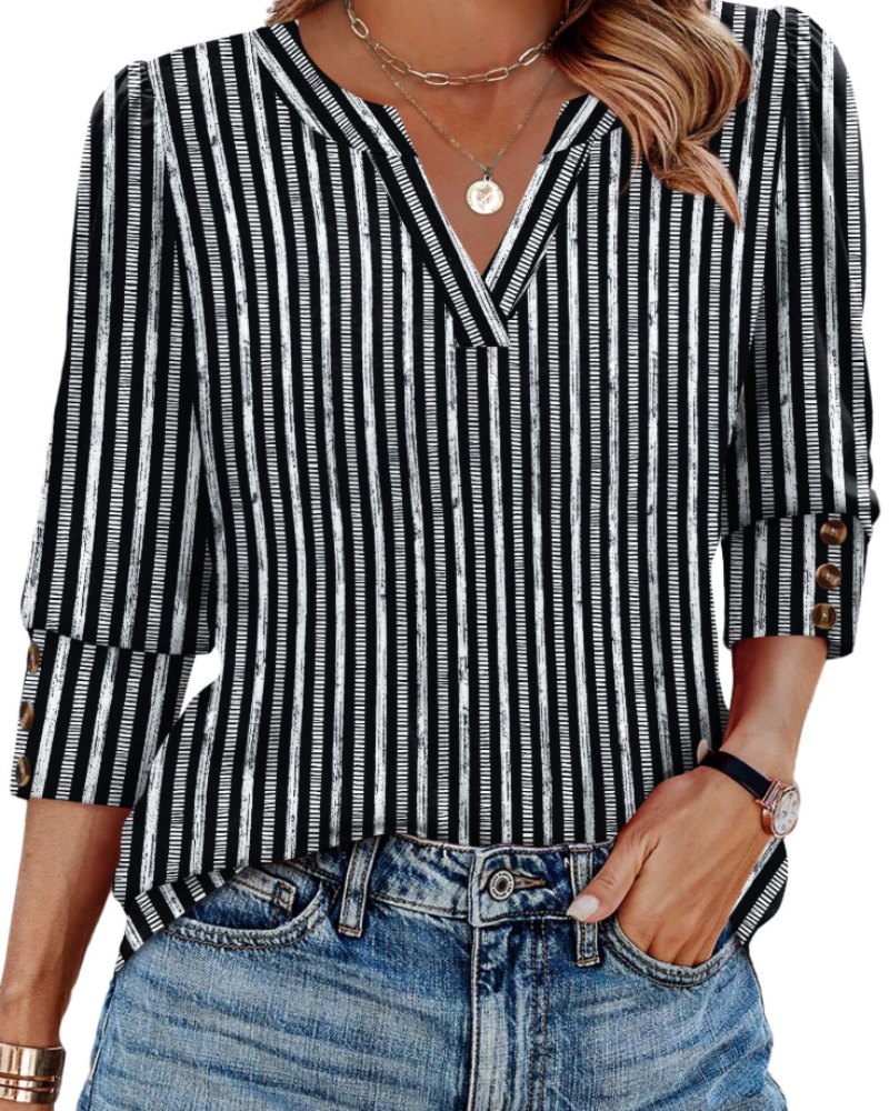 Zeline Damen-Bluse – V-Ausschnitt-Top mit 3/4-Ärmeln, Knöpfen & Business-Casual-Stil