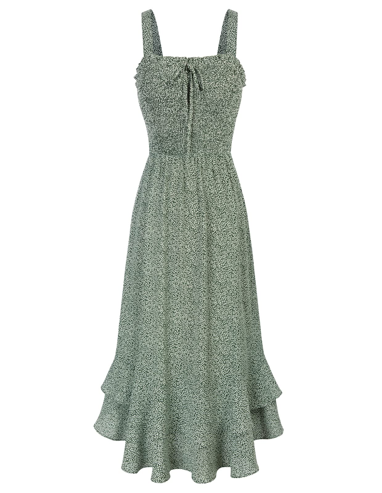 Mildred Robe Maxi Femme – Col Carré Bretelles, Coupe A-Line Smockée & Ourlet Volants Été