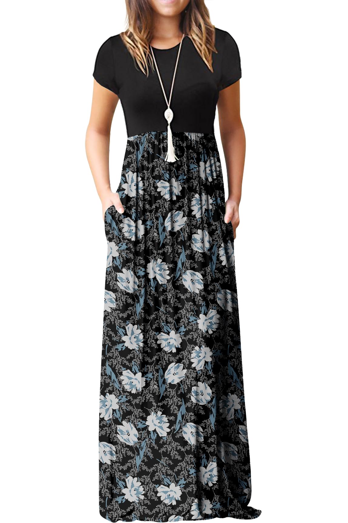 Vestido Maxi Bridget Mulher – Gola Redonda Lisa, Corte Fluido e Cintura Alta com Bolsos Verão
