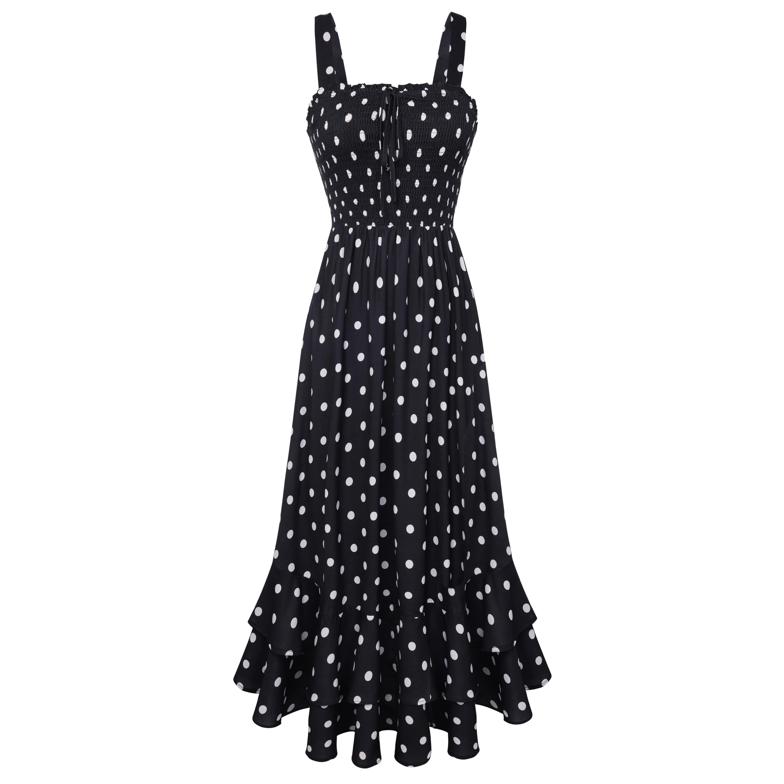 Mildred Robe Maxi Femme – Col Carré Bretelles, Coupe A-Line Smockée & Ourlet Volants Été