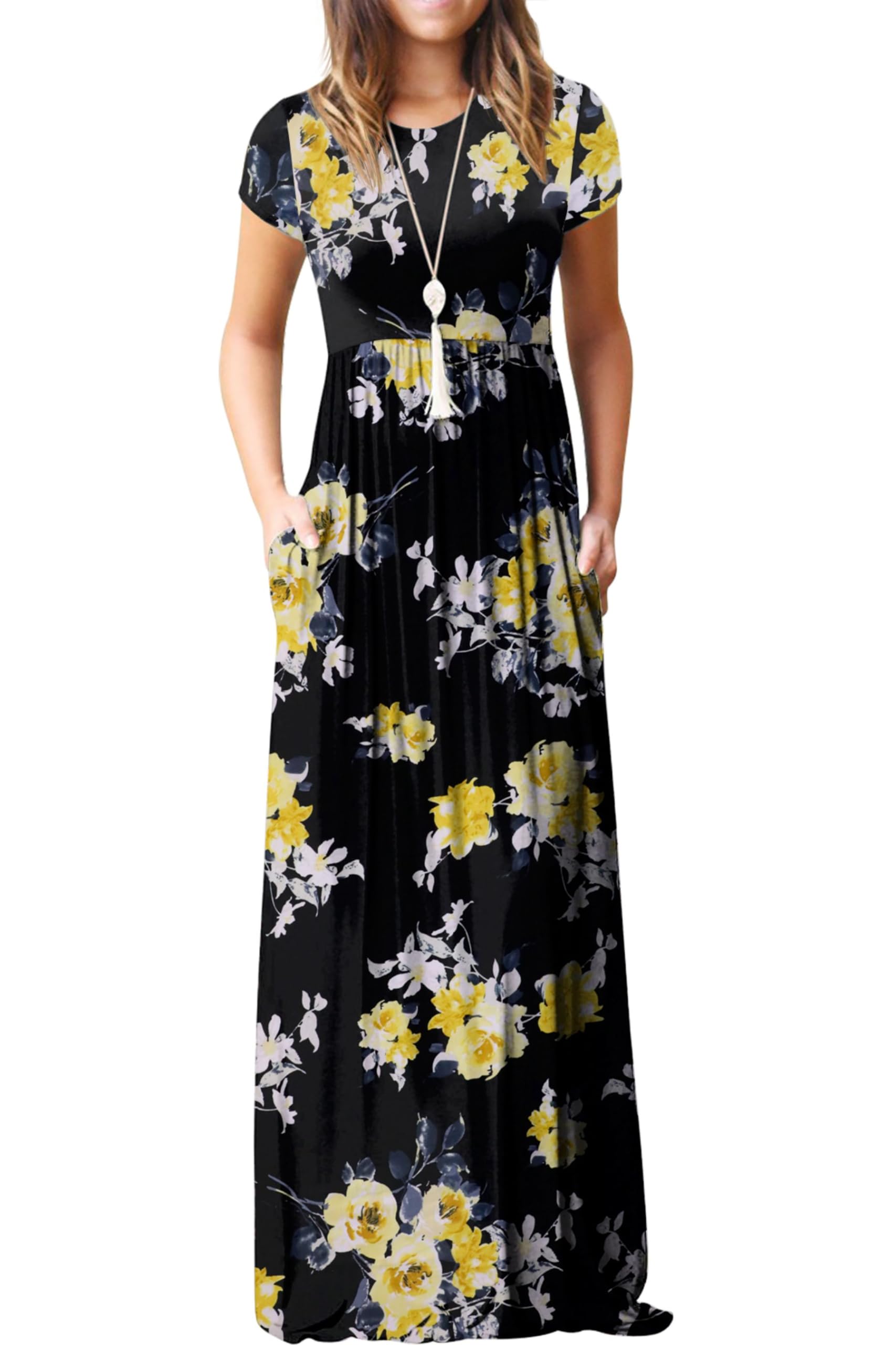 Vestido Maxi Bridget Mulher – Gola Redonda Lisa, Corte Fluido e Cintura Alta com Bolsos Verão