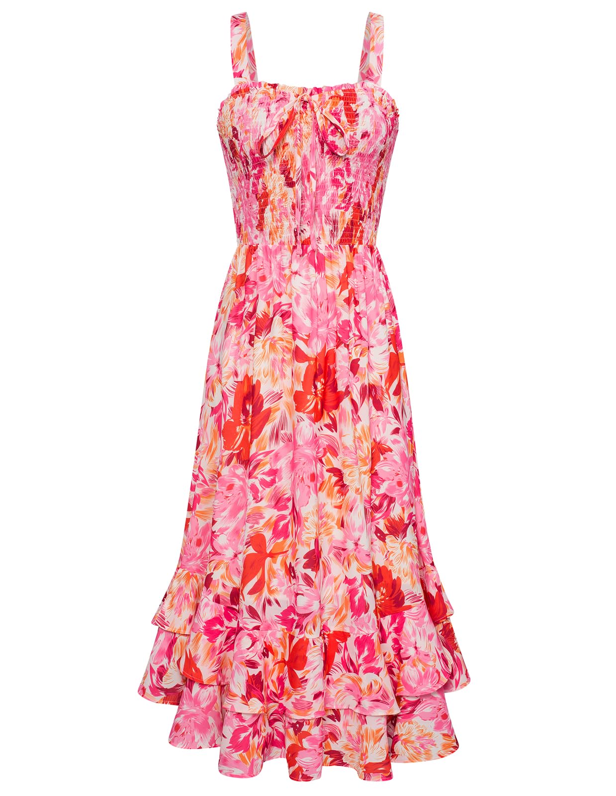 Mildred Robe Maxi Femme – Col Carré Bretelles, Coupe A-Line Smockée & Ourlet Volants Été