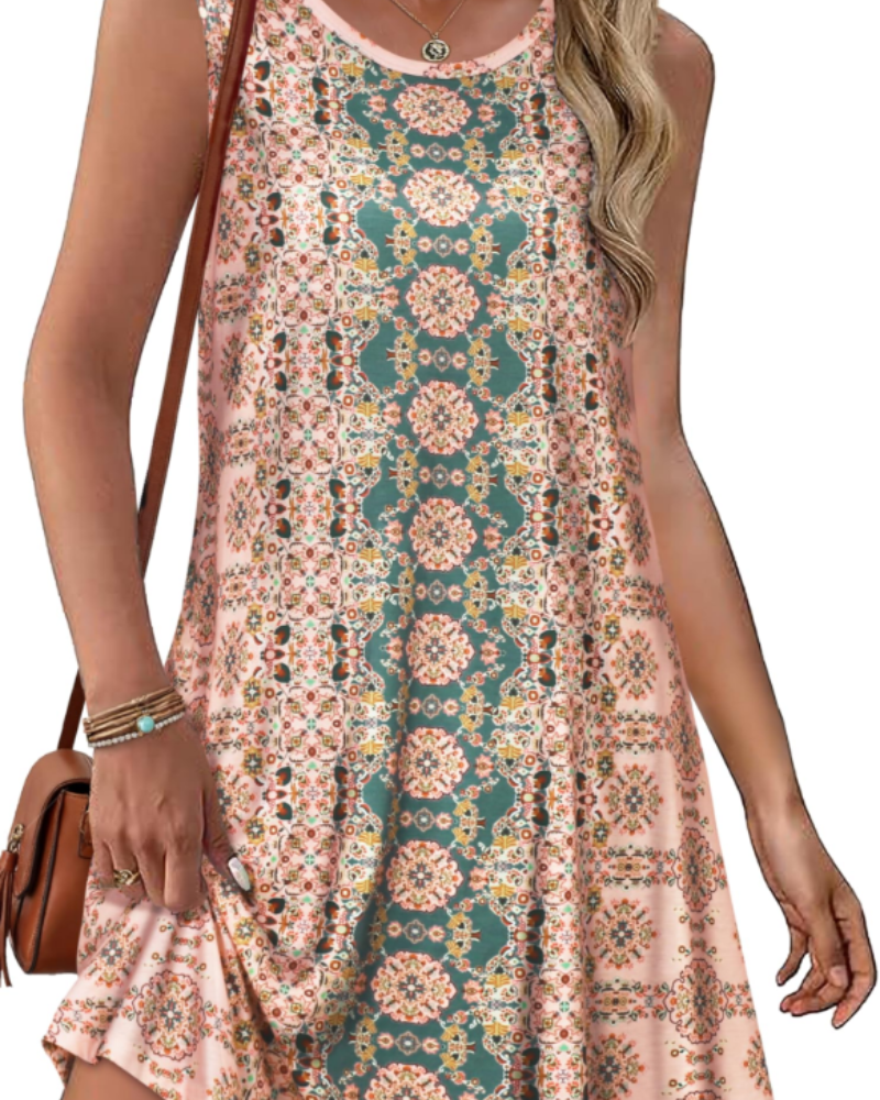 Vestido de Verão Yendy para Mulher – Vestido de Alças com Decote Redondo, Corte Fluido, Estilo Boémio com Bolsos