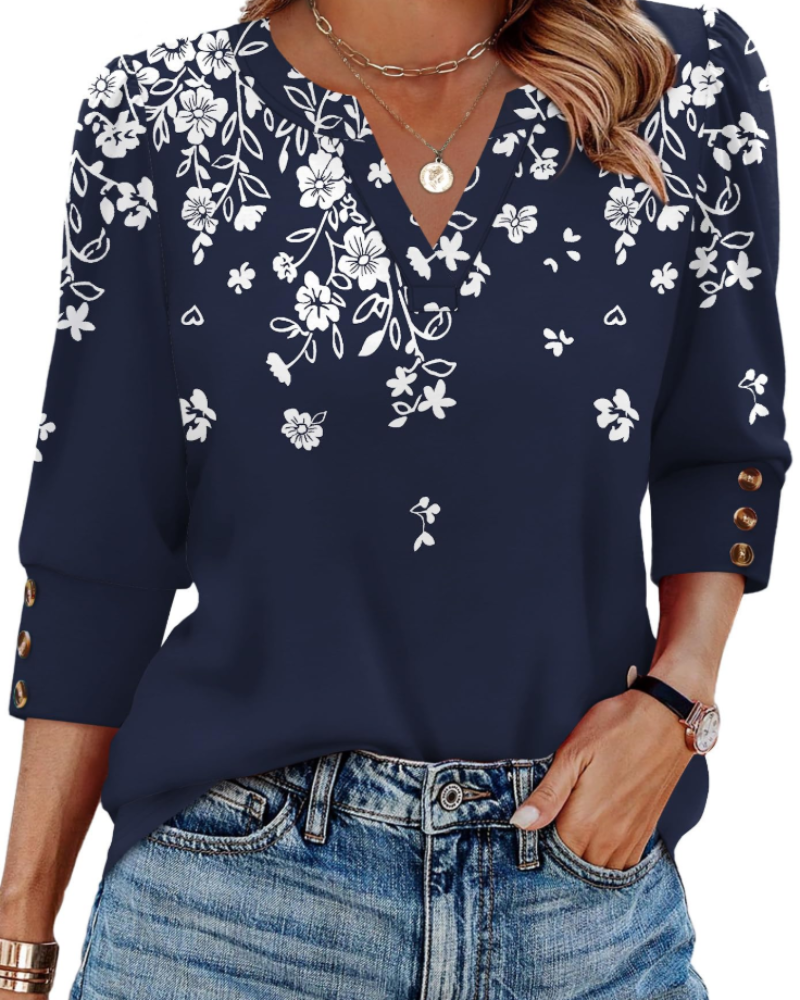 Zeline Damen-Bluse – V-Ausschnitt-Top mit 3/4-Ärmeln, Knöpfen & Business-Casual-Stil