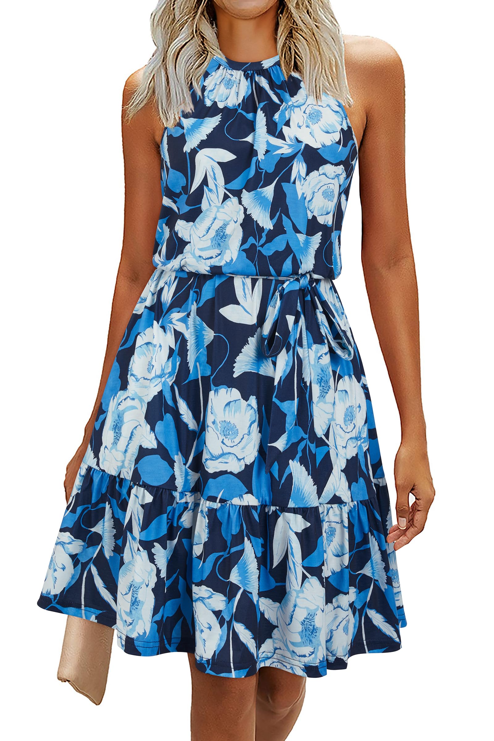 Rosa Robe Femme – Col Halter Sans Manches, Coupe A-Line Midi & Ceinture avec Poches