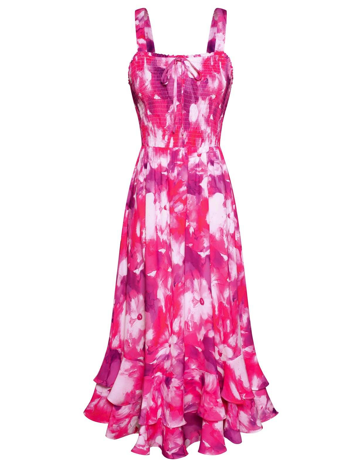 Mildred Robe Maxi Femme – Col Carré Bretelles, Coupe A-Line Smockée & Ourlet Volants Été