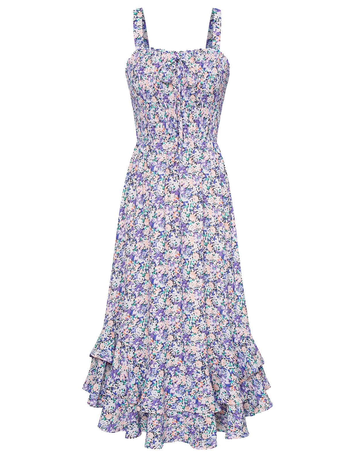 Mildred Robe Maxi Femme – Col Carré Bretelles, Coupe A-Line Smockée & Ourlet Volants Été