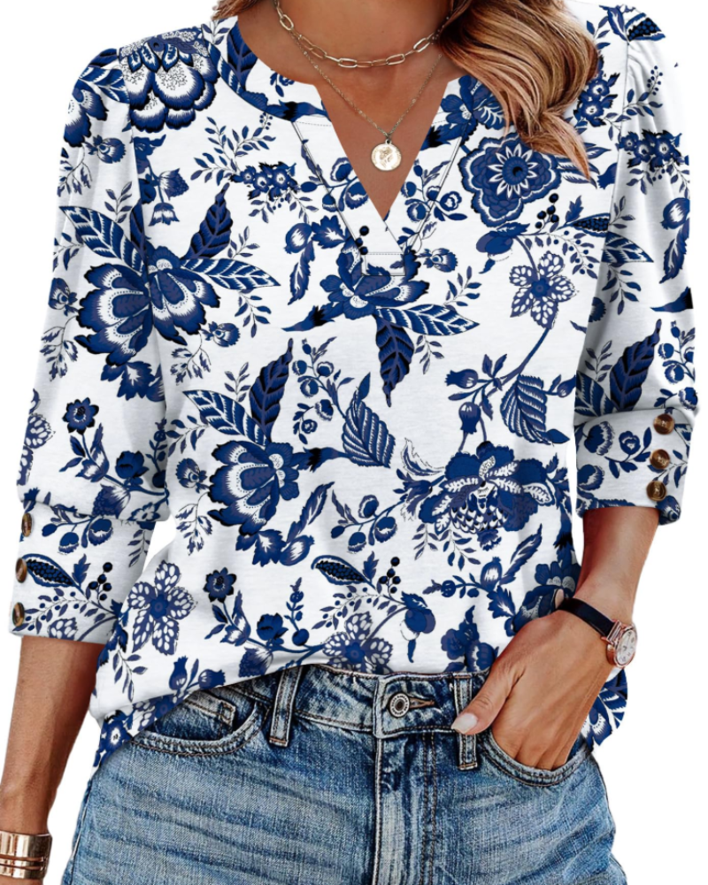 Zeline Damen-Bluse – V-Ausschnitt-Top mit 3/4-Ärmeln, Knöpfen & Business-Casual-Stil