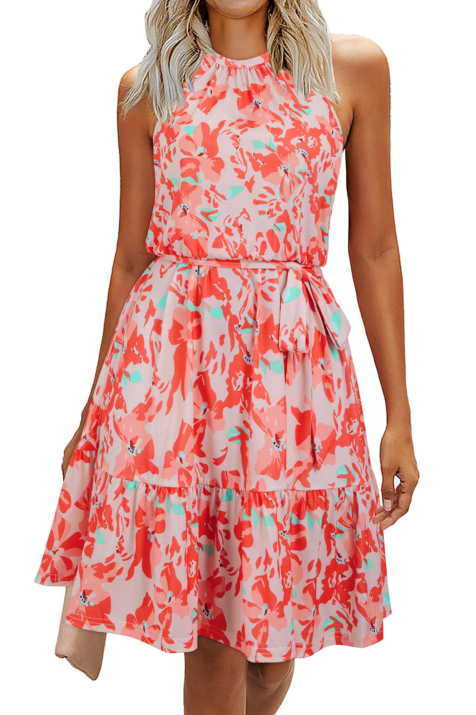 Rosa Robe Femme – Col Halter Sans Manches, Coupe A-Line Midi & Ceinture avec Poches