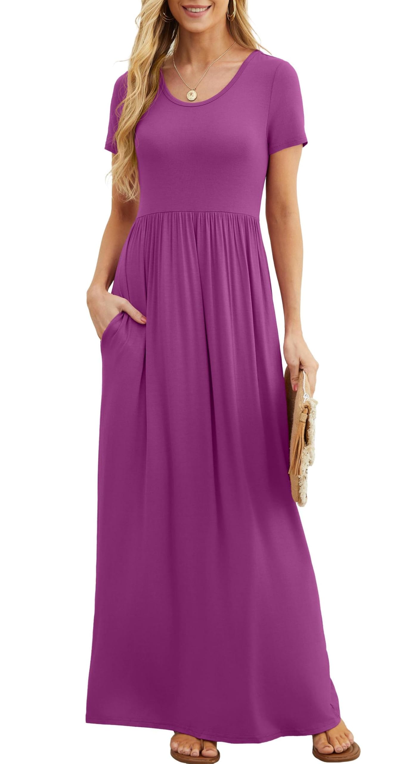 Vestido Maxi Bridget Mulher – Gola Redonda Lisa, Corte Fluido e Cintura Alta com Bolsos Verão
