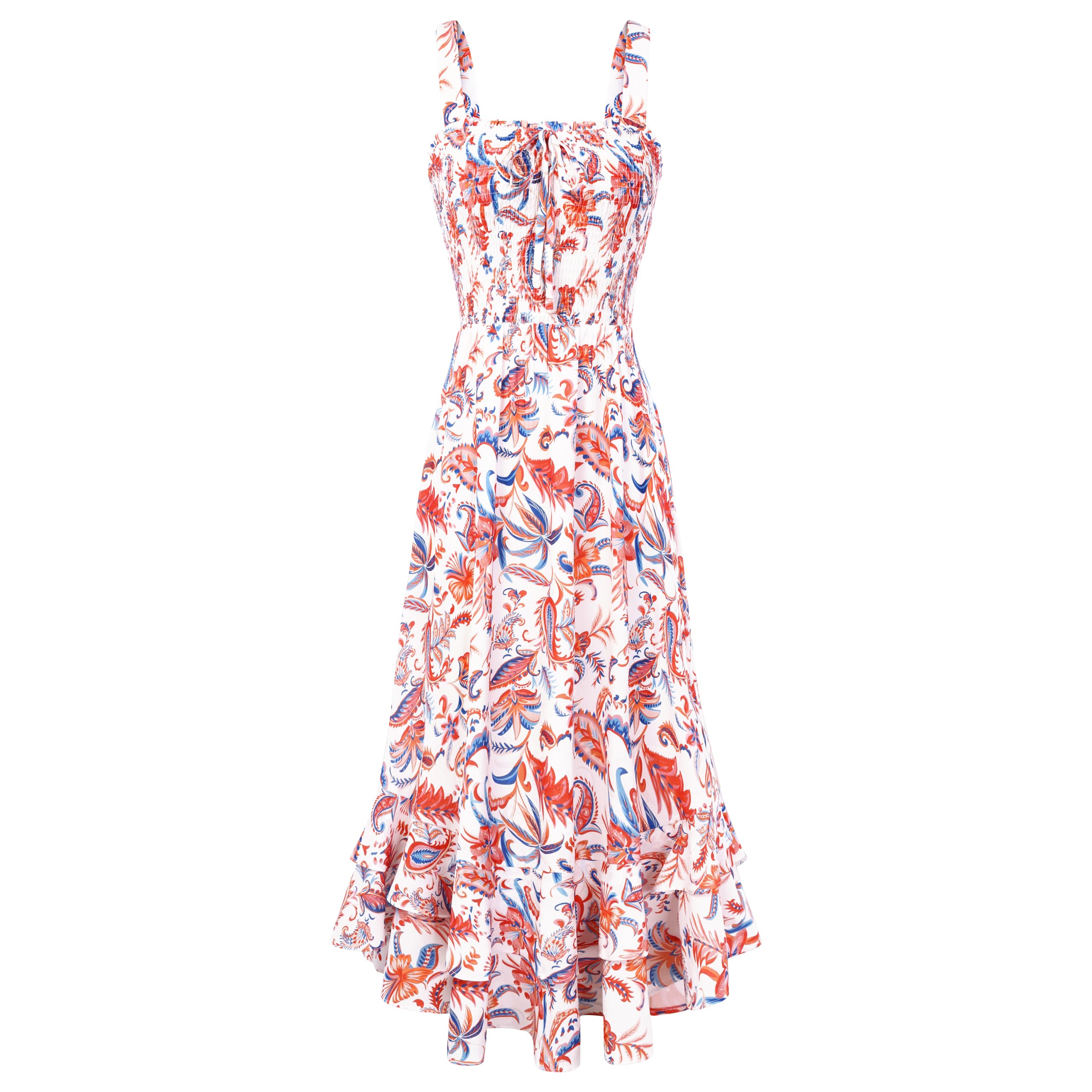 Mildred Robe Maxi Femme – Col Carré Bretelles, Coupe A-Line Smockée & Ourlet Volants Été