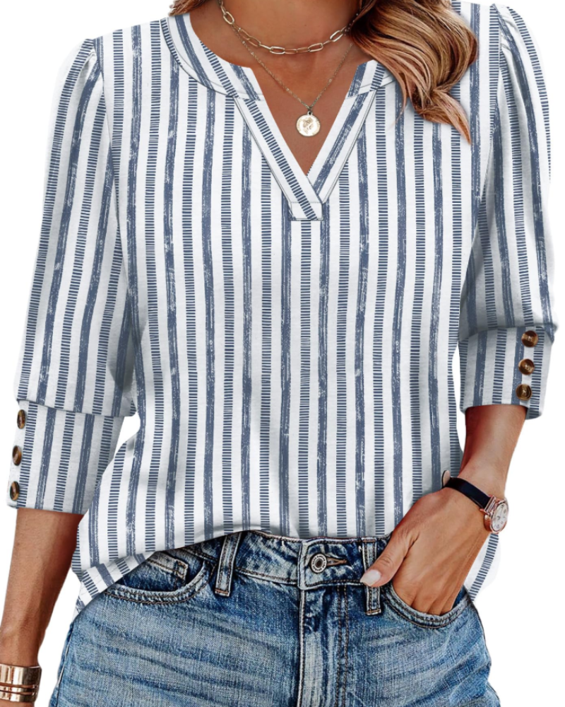 Zeline Damen-Bluse – V-Ausschnitt-Top mit 3/4-Ärmeln, Knöpfen & Business-Casual-Stil