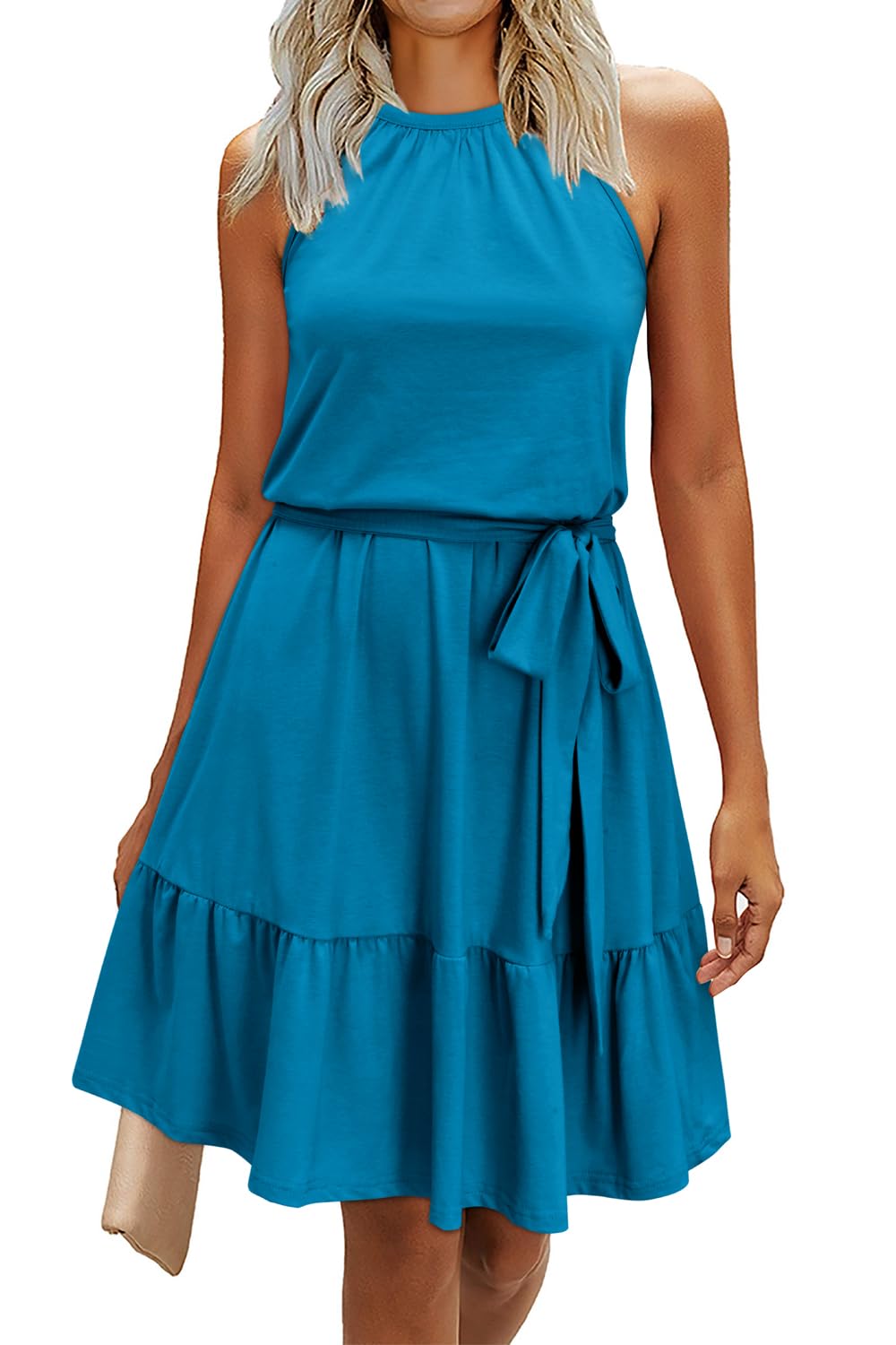 Rosa Robe Femme – Col Halter Sans Manches, Coupe A-Line Midi & Ceinture avec Poches