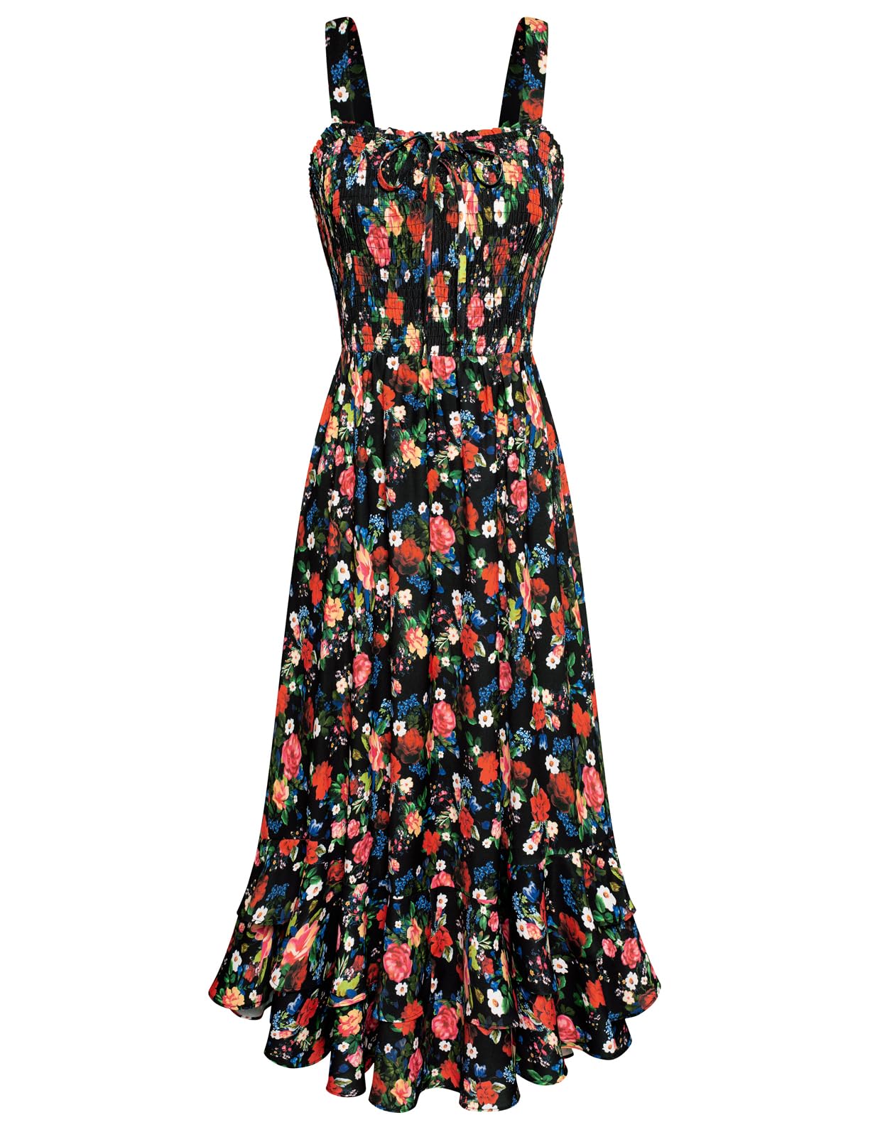 Mildred Robe Maxi Femme – Col Carré Bretelles, Coupe A-Line Smockée & Ourlet Volants Été