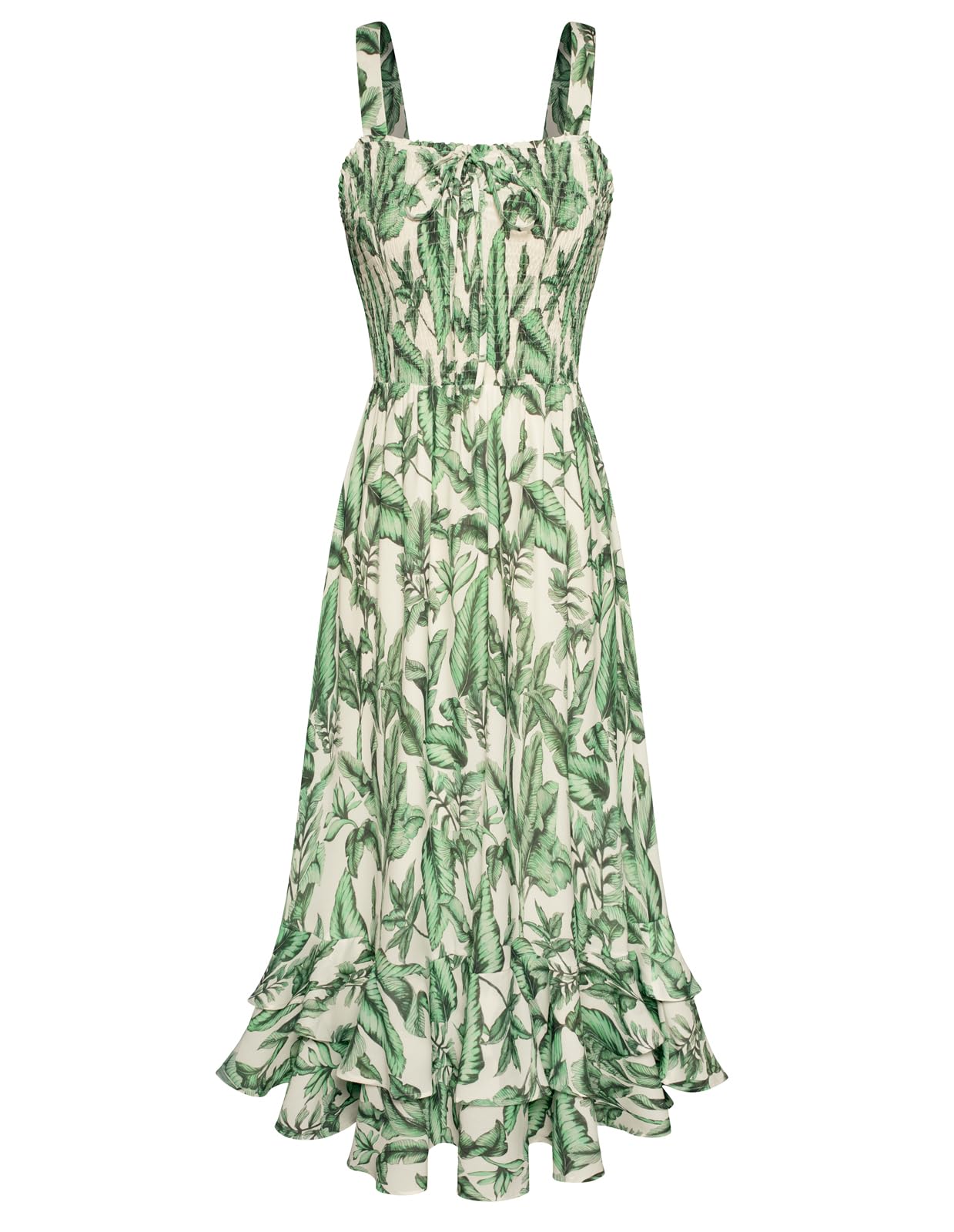 Mildred Robe Maxi Femme – Col Carré Bretelles, Coupe A-Line Smockée & Ourlet Volants Été