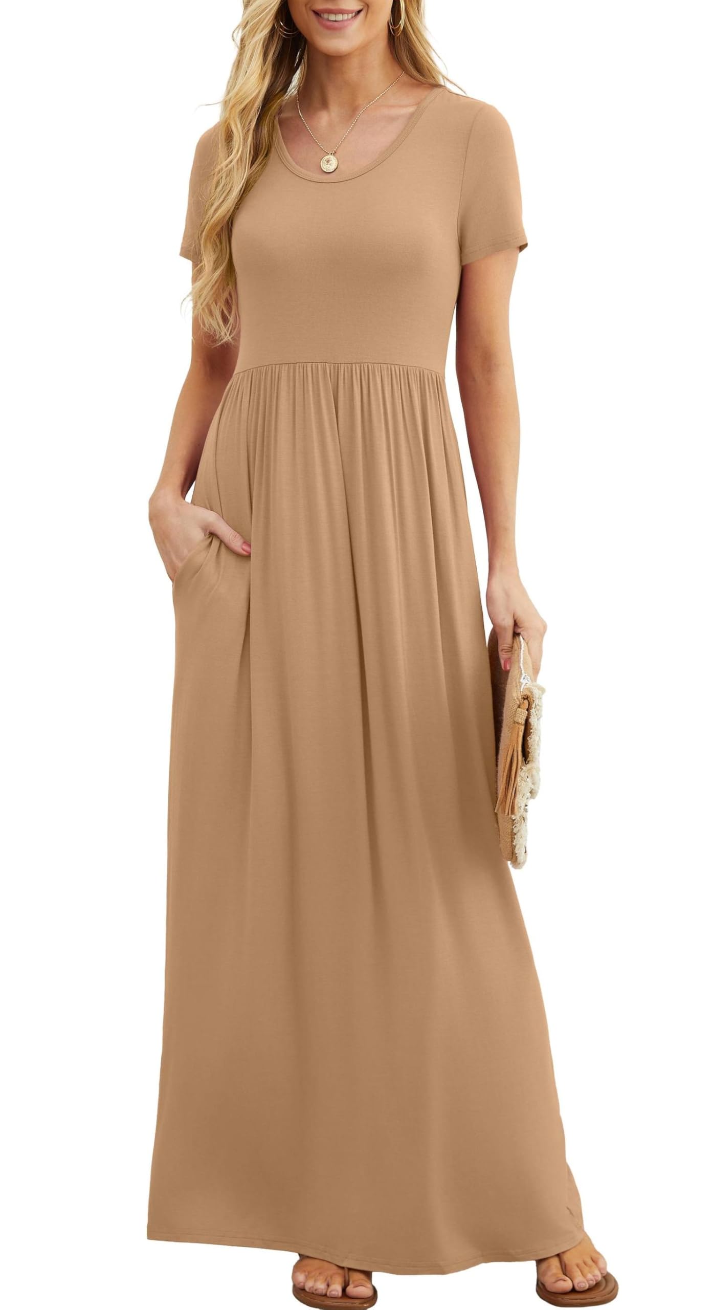 Vestido Maxi Bridget Mulher – Gola Redonda Lisa, Corte Fluido e Cintura Alta com Bolsos Verão