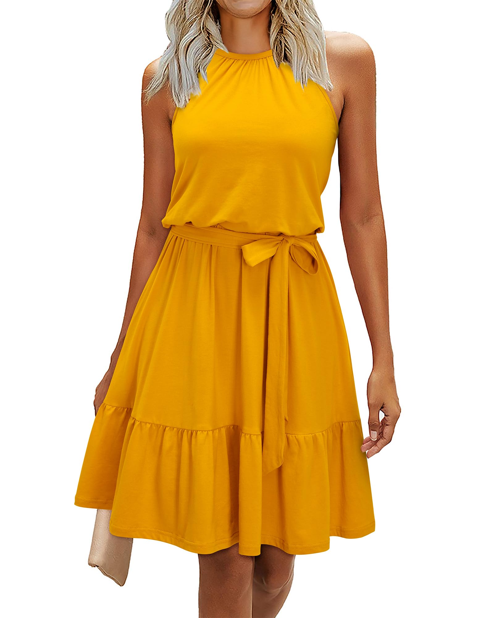 Rosa Robe Femme – Col Halter Sans Manches, Coupe A-Line Midi & Ceinture avec Poches