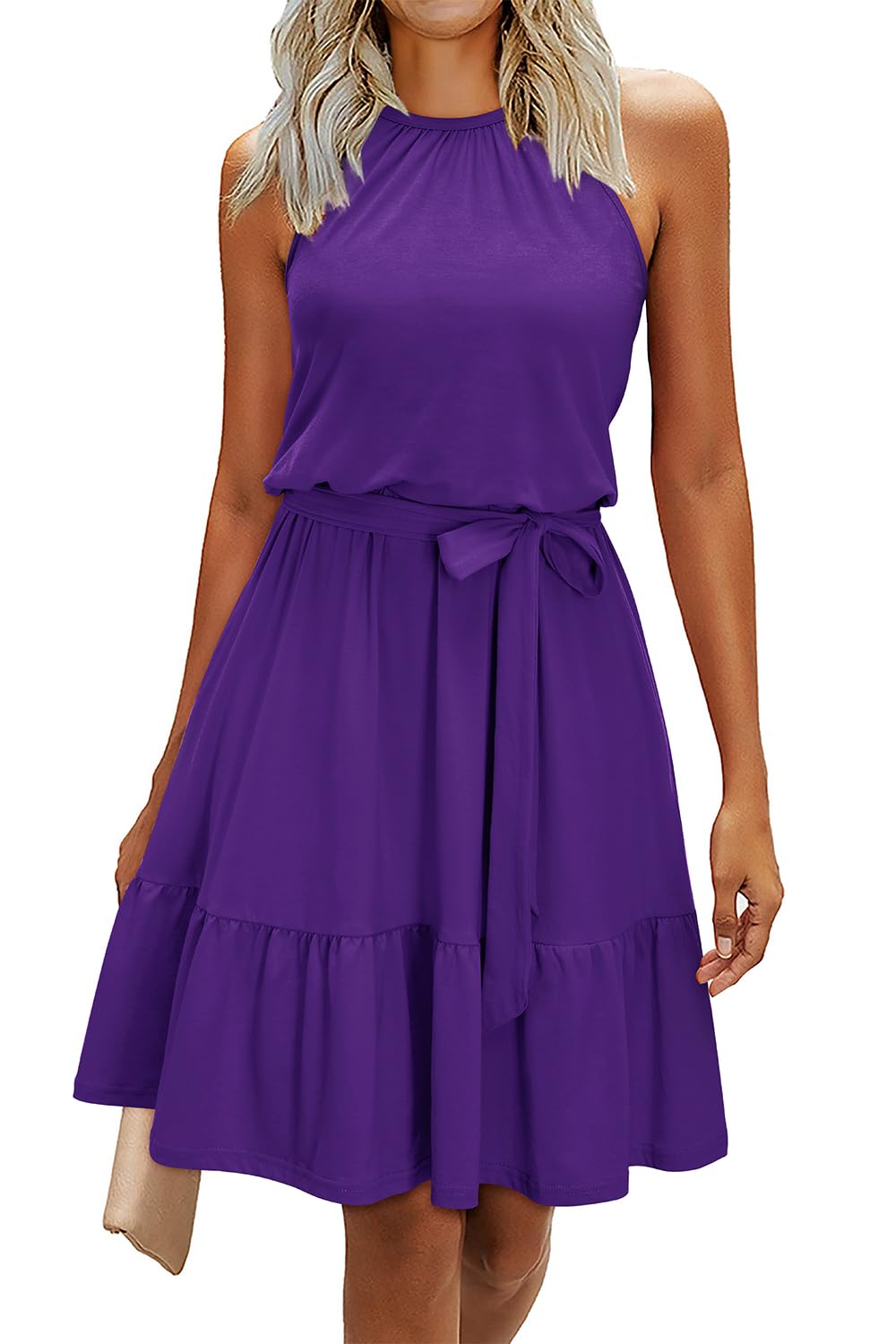 Rosa Robe Femme – Col Halter Sans Manches, Coupe A-Line Midi & Ceinture avec Poches