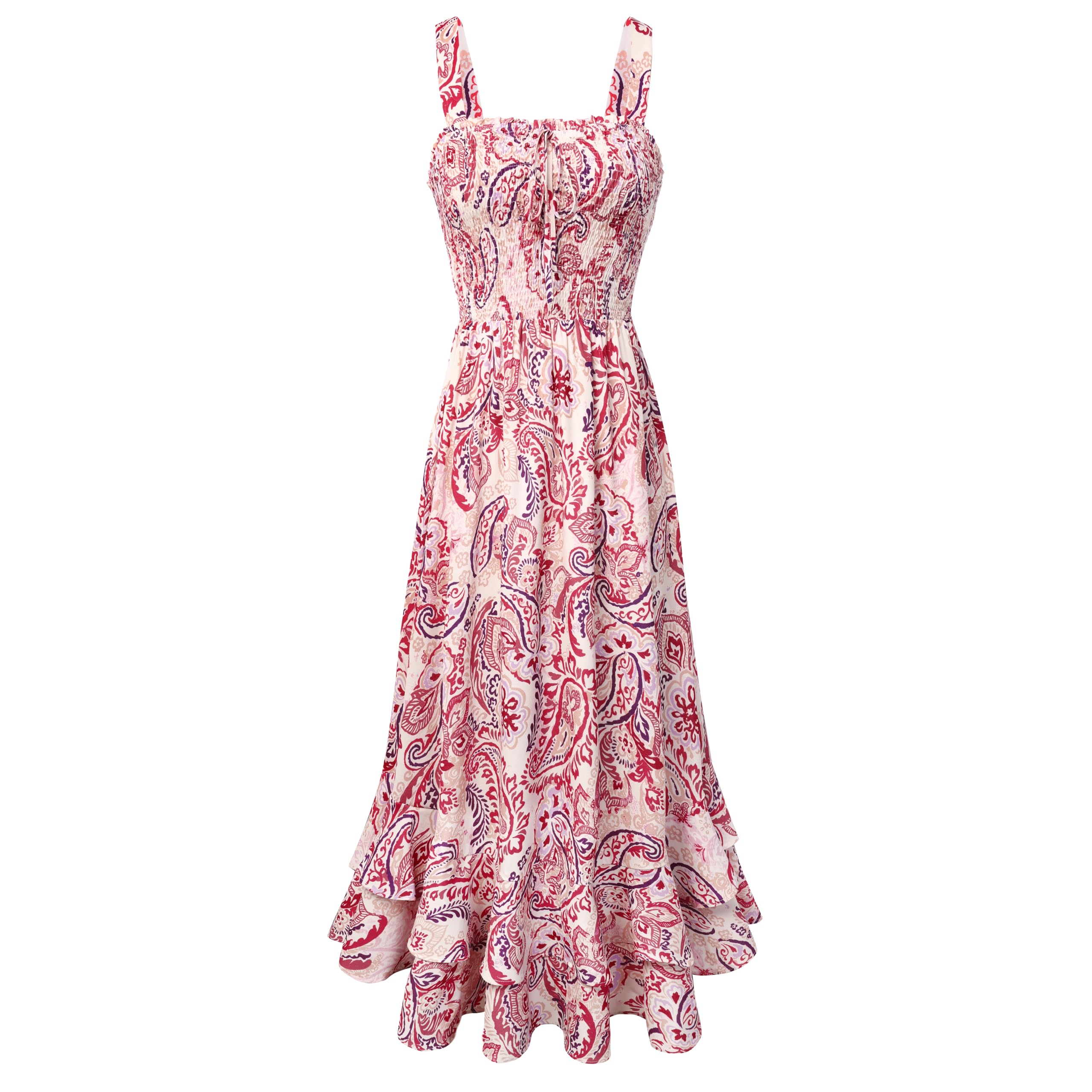 Mildred Robe Maxi Femme – Col Carré Bretelles, Coupe A-Line Smockée & Ourlet Volants Été