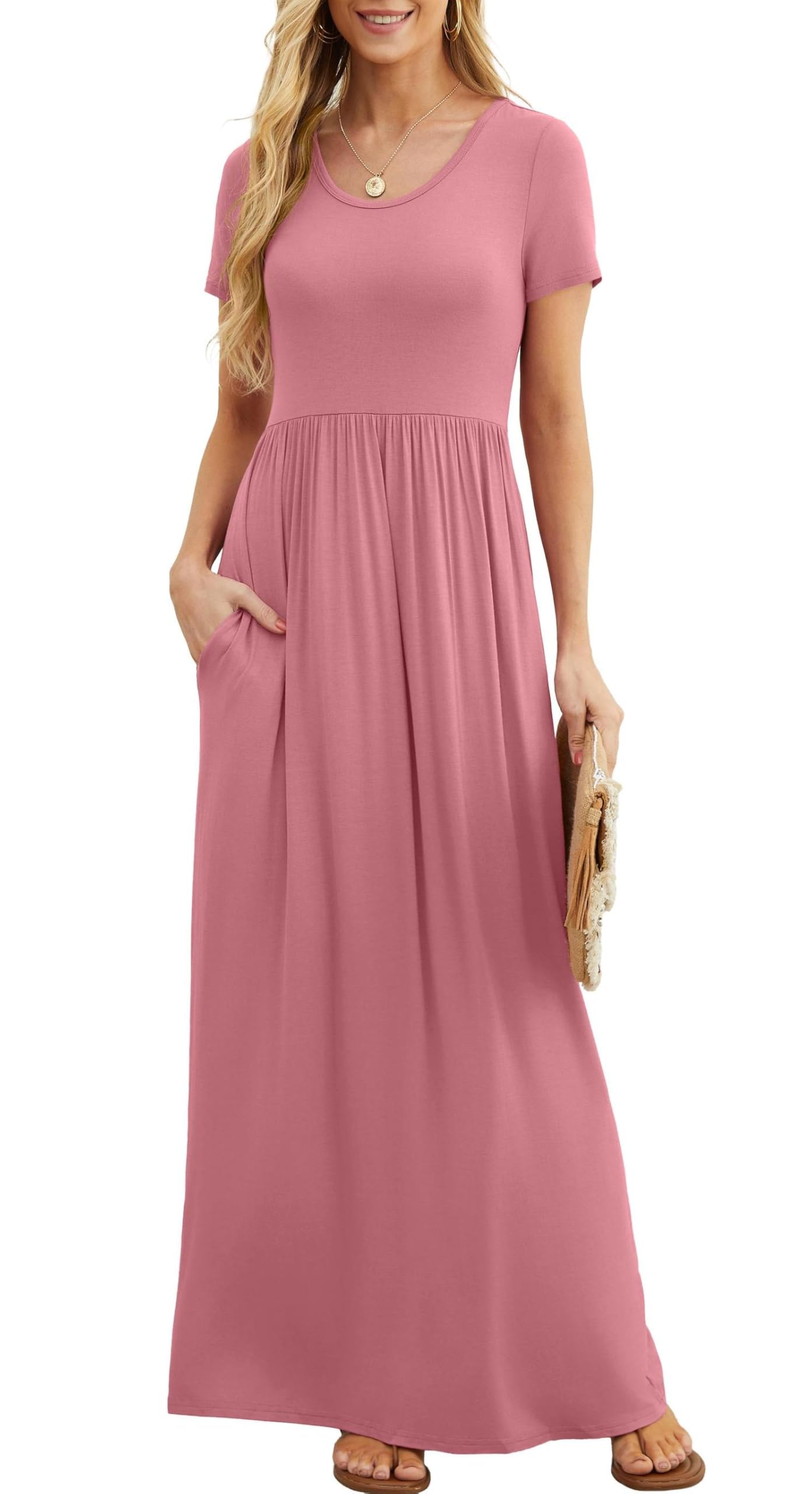Vestido Maxi Bridget Mulher – Gola Redonda Lisa, Corte Fluido e Cintura Alta com Bolsos Verão