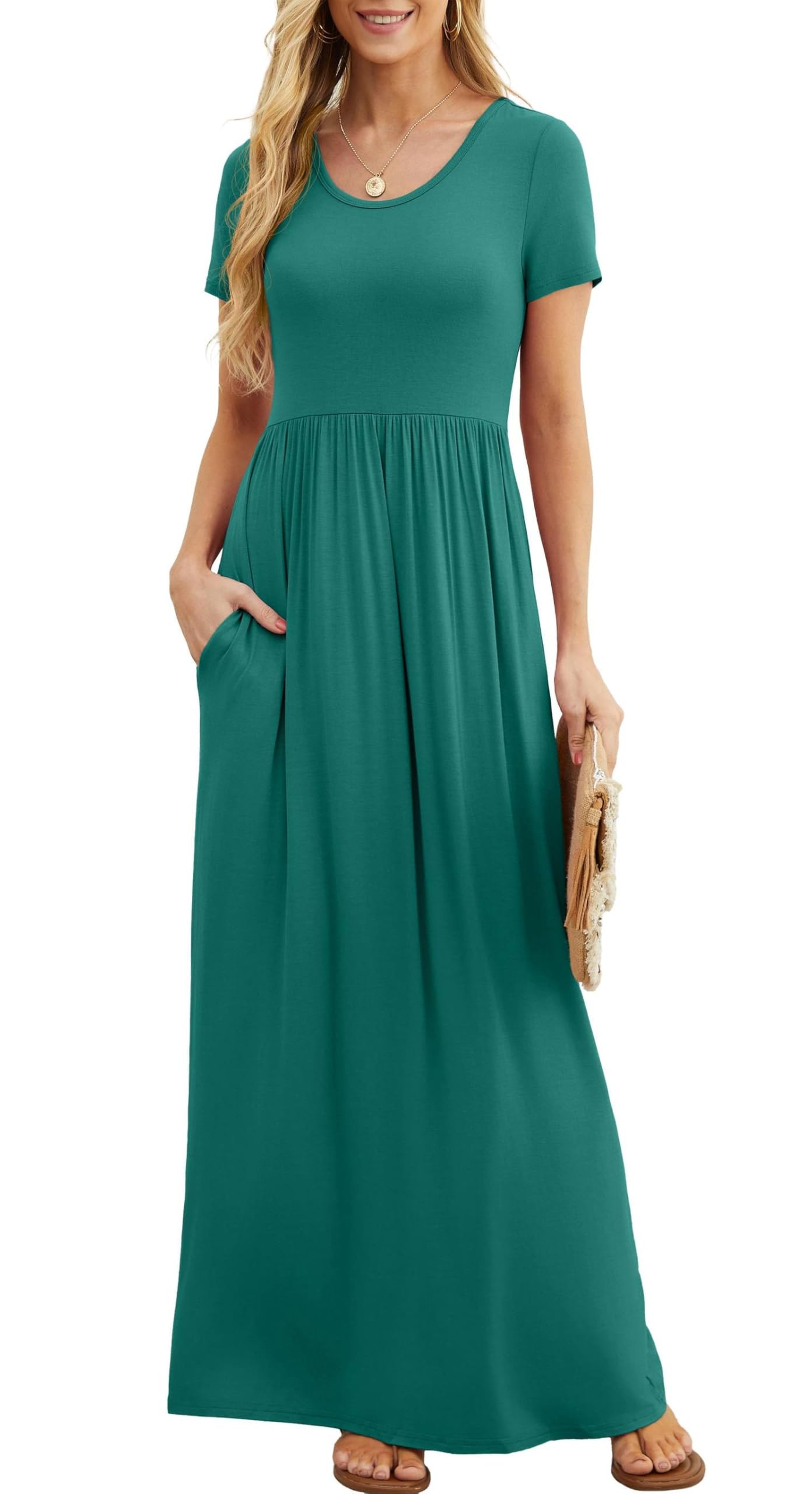 Vestido Maxi Bridget Mulher – Gola Redonda Lisa, Corte Fluido e Cintura Alta com Bolsos Verão