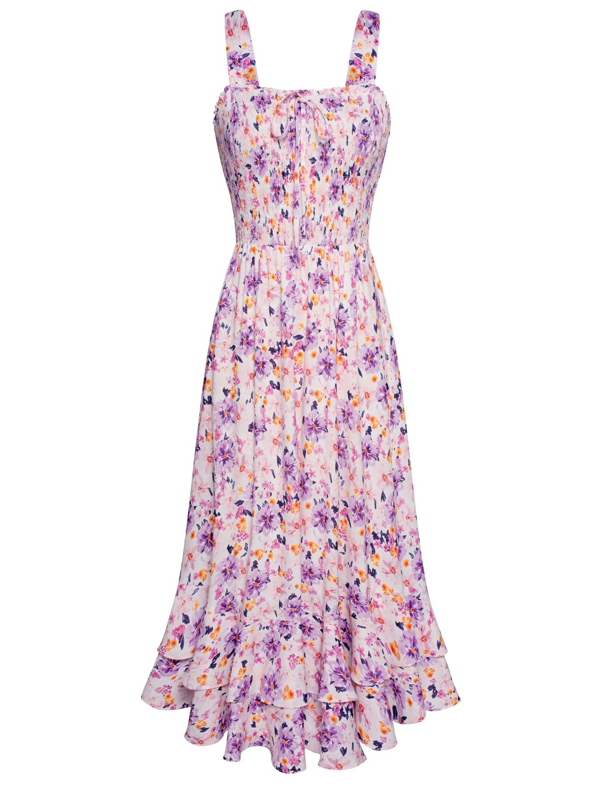 Mildred Robe Maxi Femme – Col Carré Bretelles, Coupe A-Line Smockée & Ourlet Volants Été