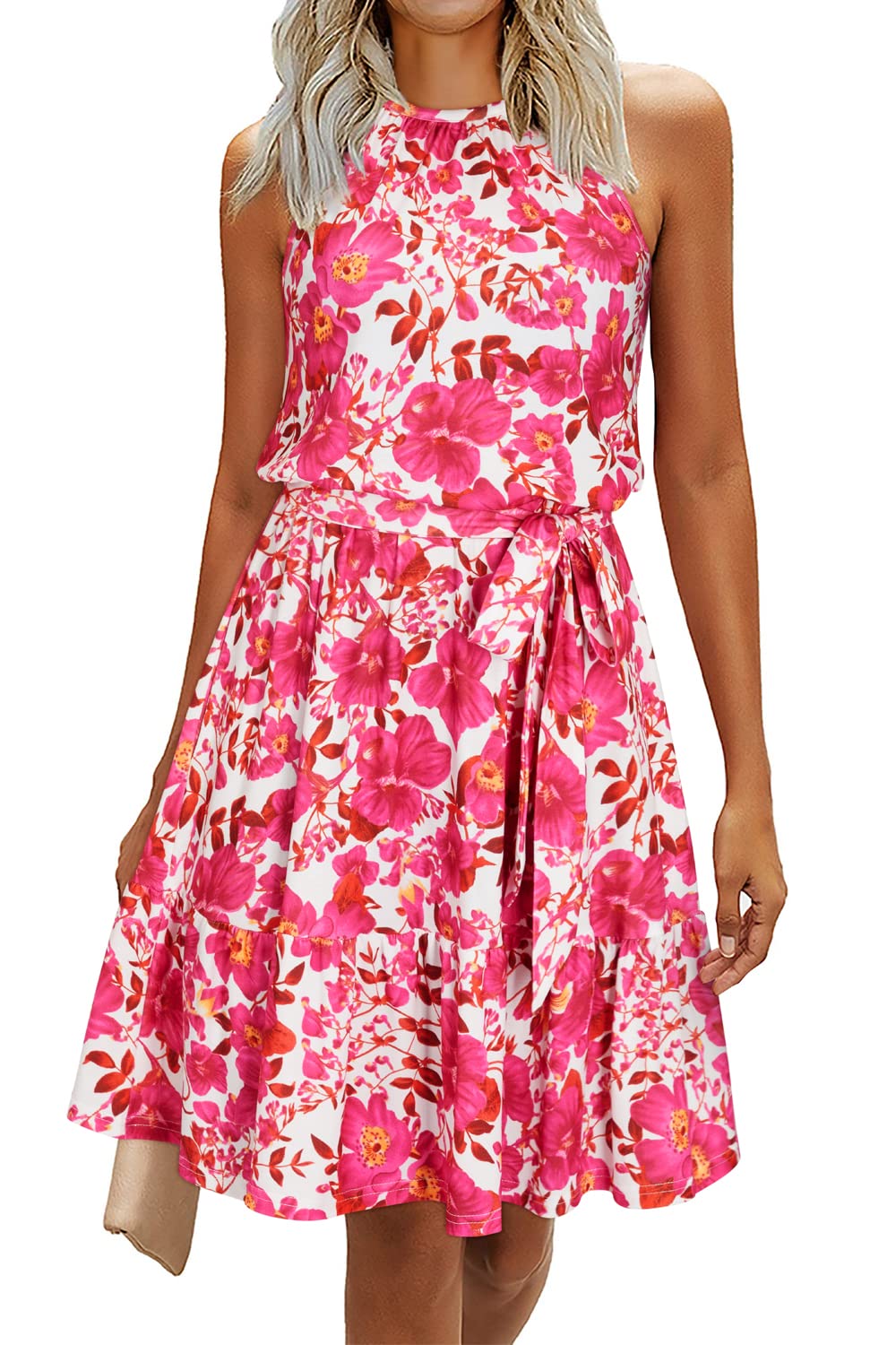 Rosa Robe Femme – Col Halter Sans Manches, Coupe A-Line Midi & Ceinture avec Poches