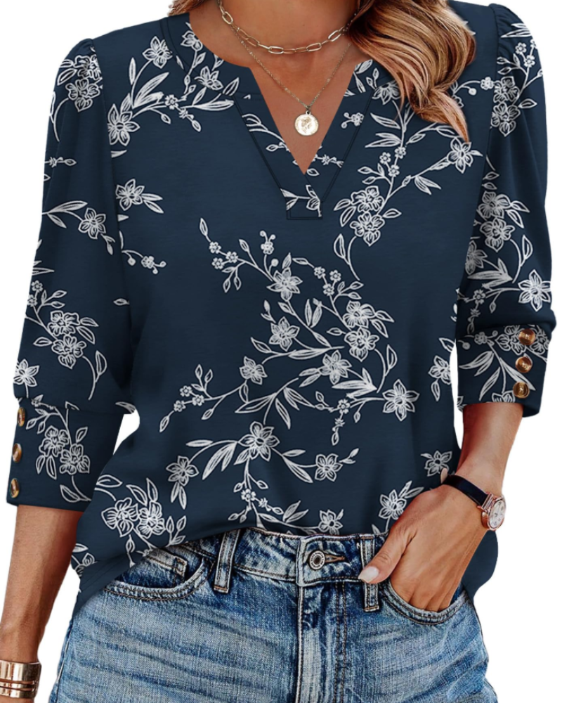 Zeline Damen-Bluse – V-Ausschnitt-Top mit 3/4-Ärmeln, Knöpfen & Business-Casual-Stil