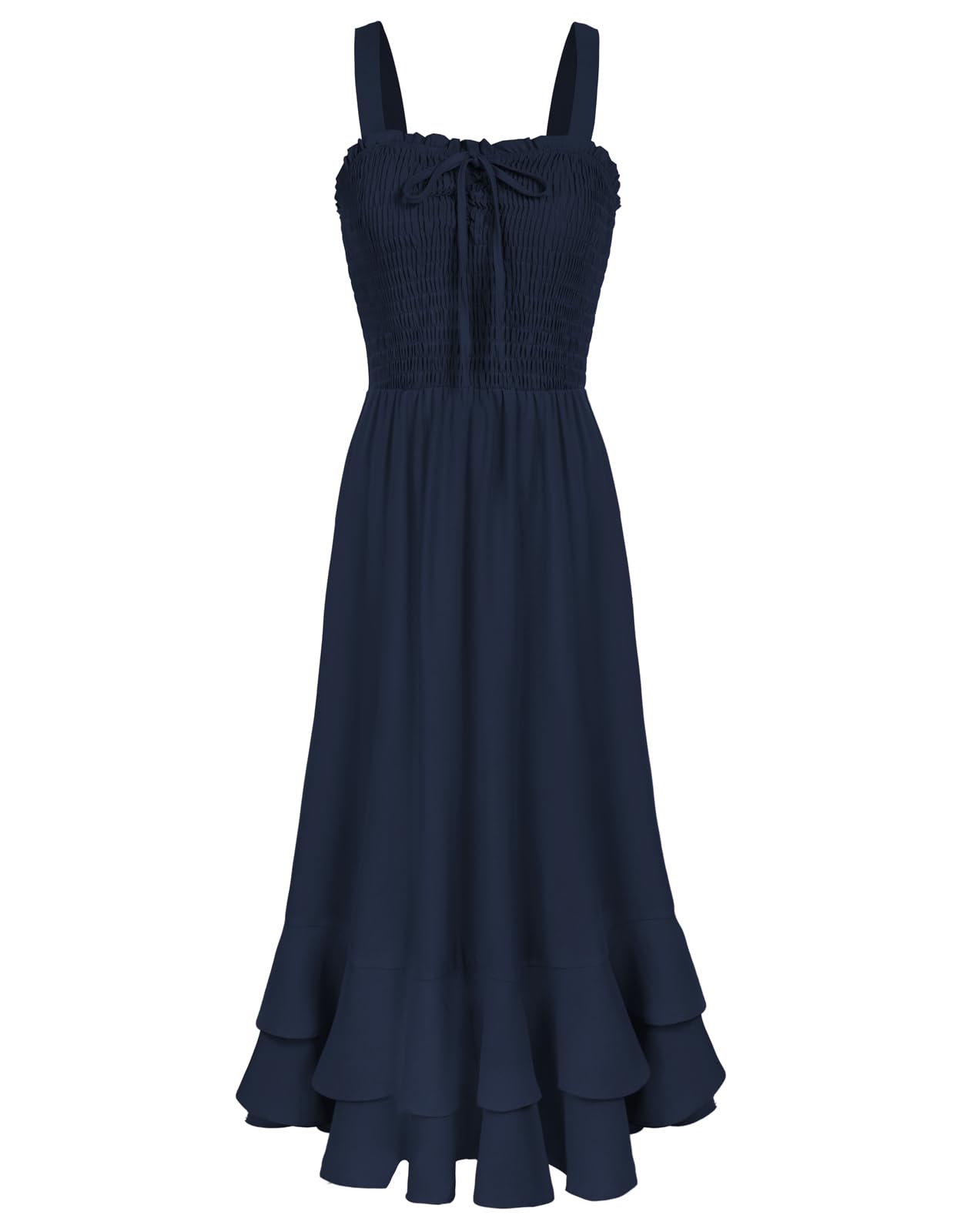 Mildred Robe Maxi Femme – Col Carré Bretelles, Coupe A-Line Smockée & Ourlet Volants Été