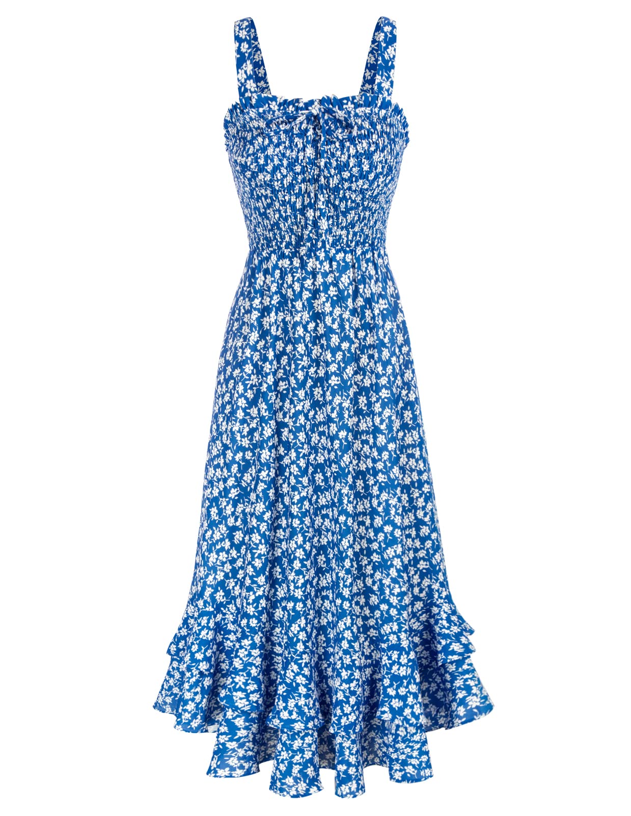 Mildred Robe Maxi Femme – Col Carré Bretelles, Coupe A-Line Smockée & Ourlet Volants Été