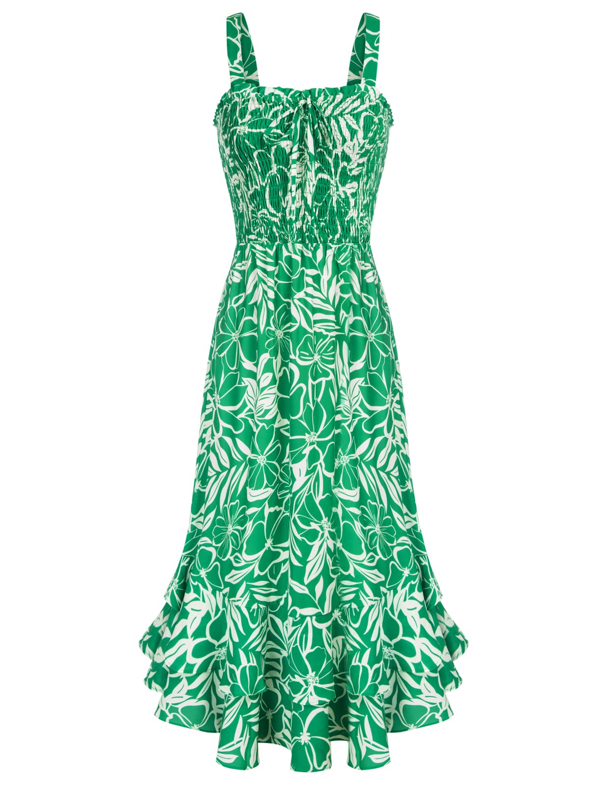 Mildred Robe Maxi Femme – Col Carré Bretelles, Coupe A-Line Smockée & Ourlet Volants Été