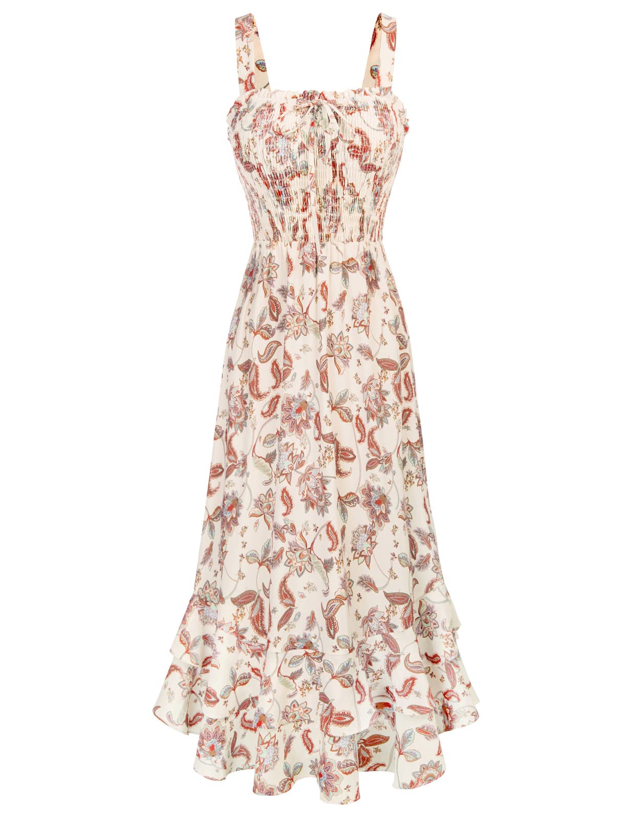 Mildred Robe Maxi Femme – Col Carré Bretelles, Coupe A-Line Smockée & Ourlet Volants Été