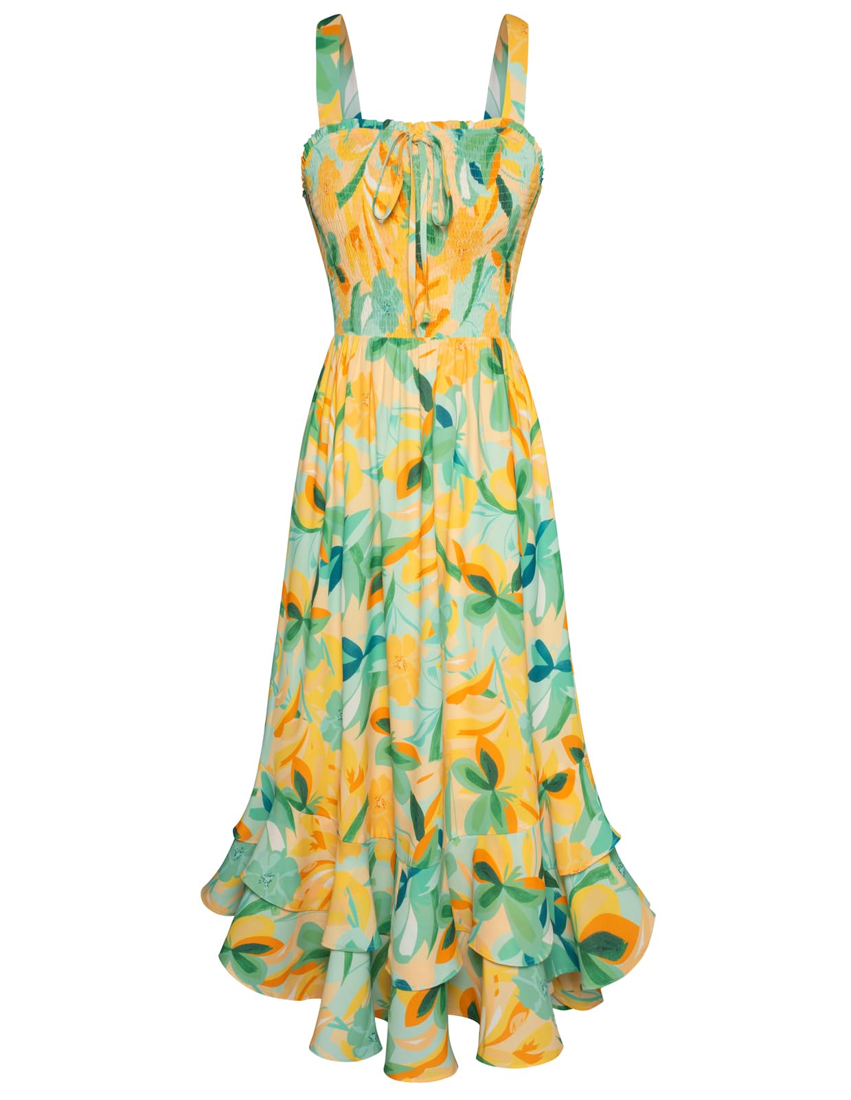 Mildred Robe Maxi Femme – Col Carré Bretelles, Coupe A-Line Smockée & Ourlet Volants Été