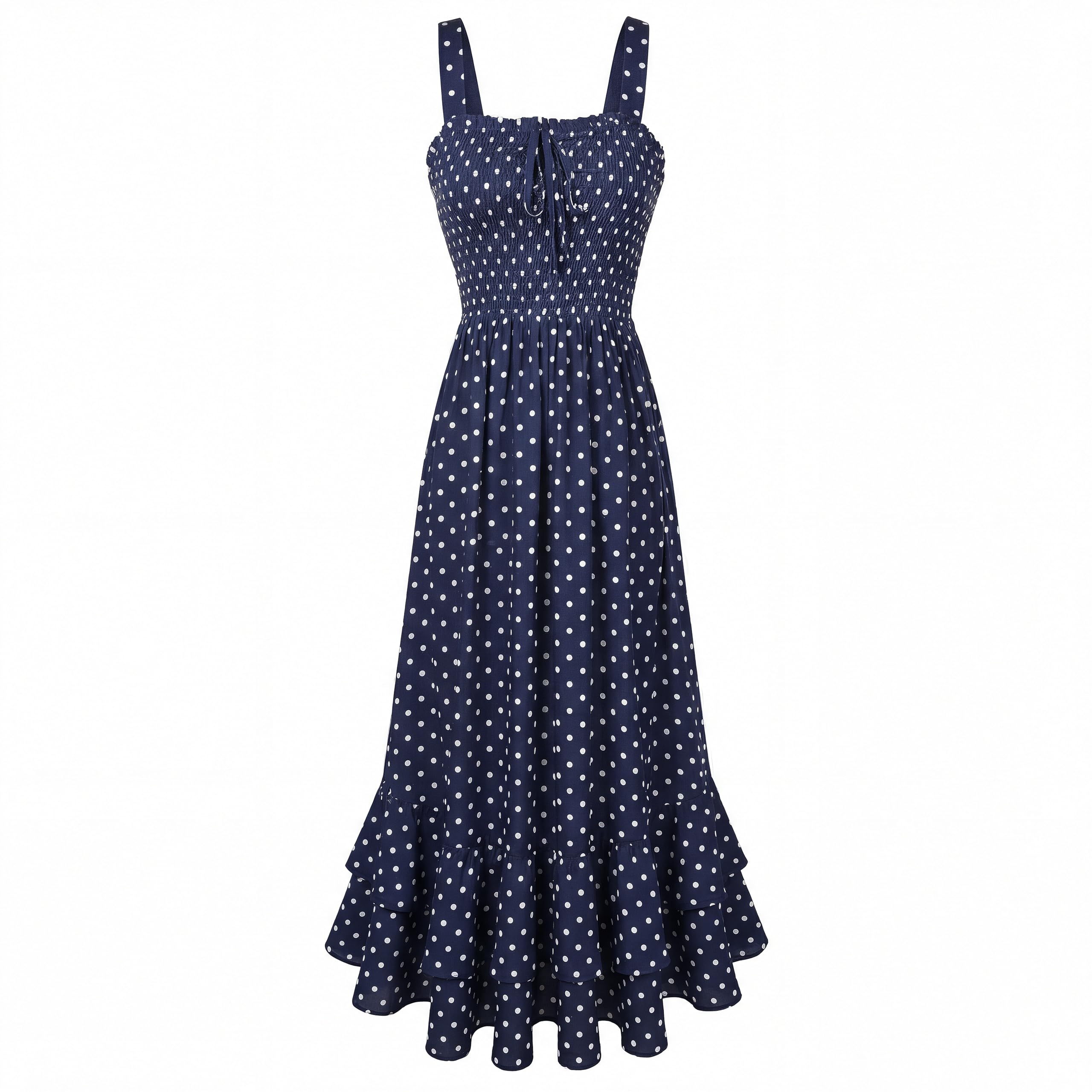 Mildred Robe Maxi Femme – Col Carré Bretelles, Coupe A-Line Smockée & Ourlet Volants Été