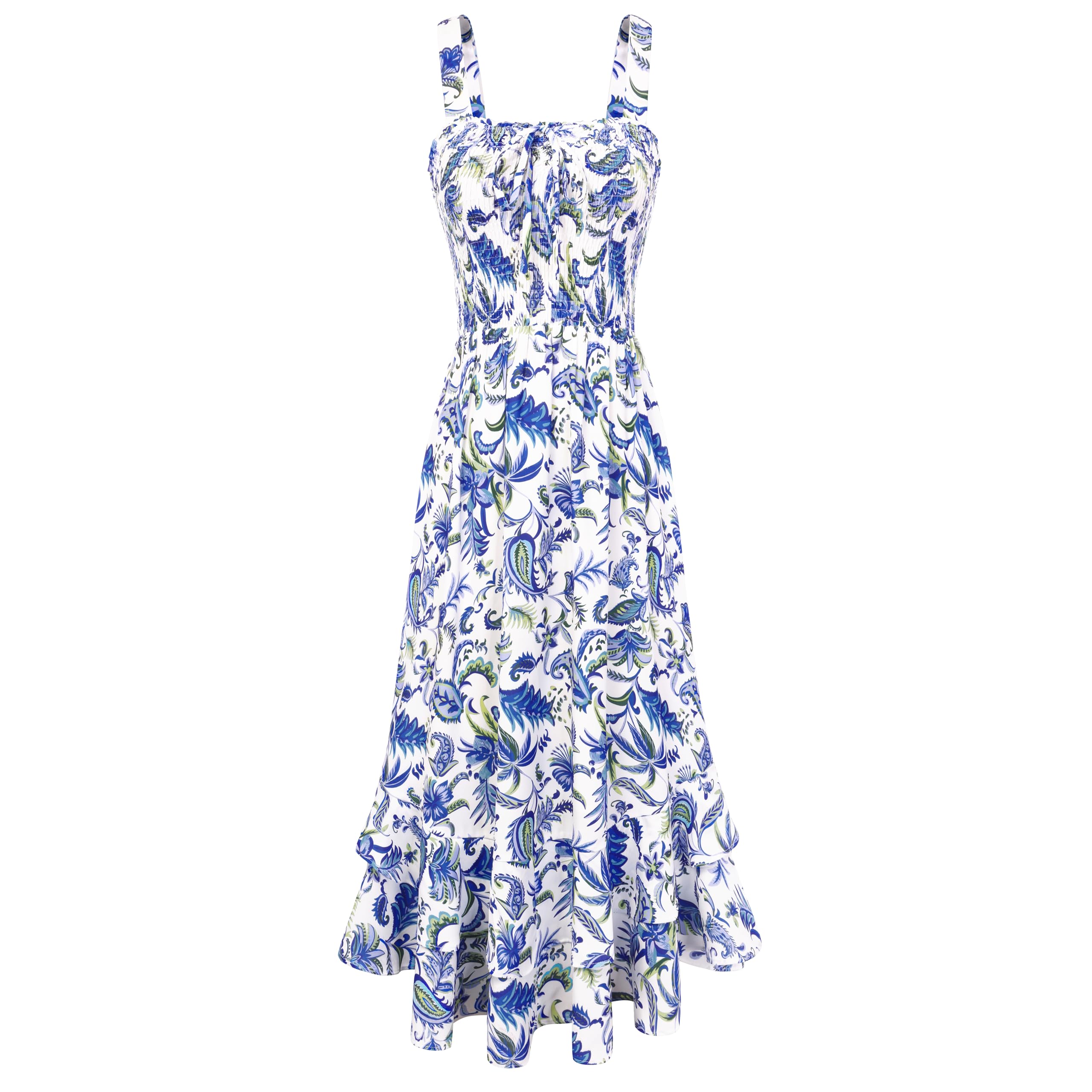 Mildred Robe Maxi Femme – Col Carré Bretelles, Coupe A-Line Smockée & Ourlet Volants Été
