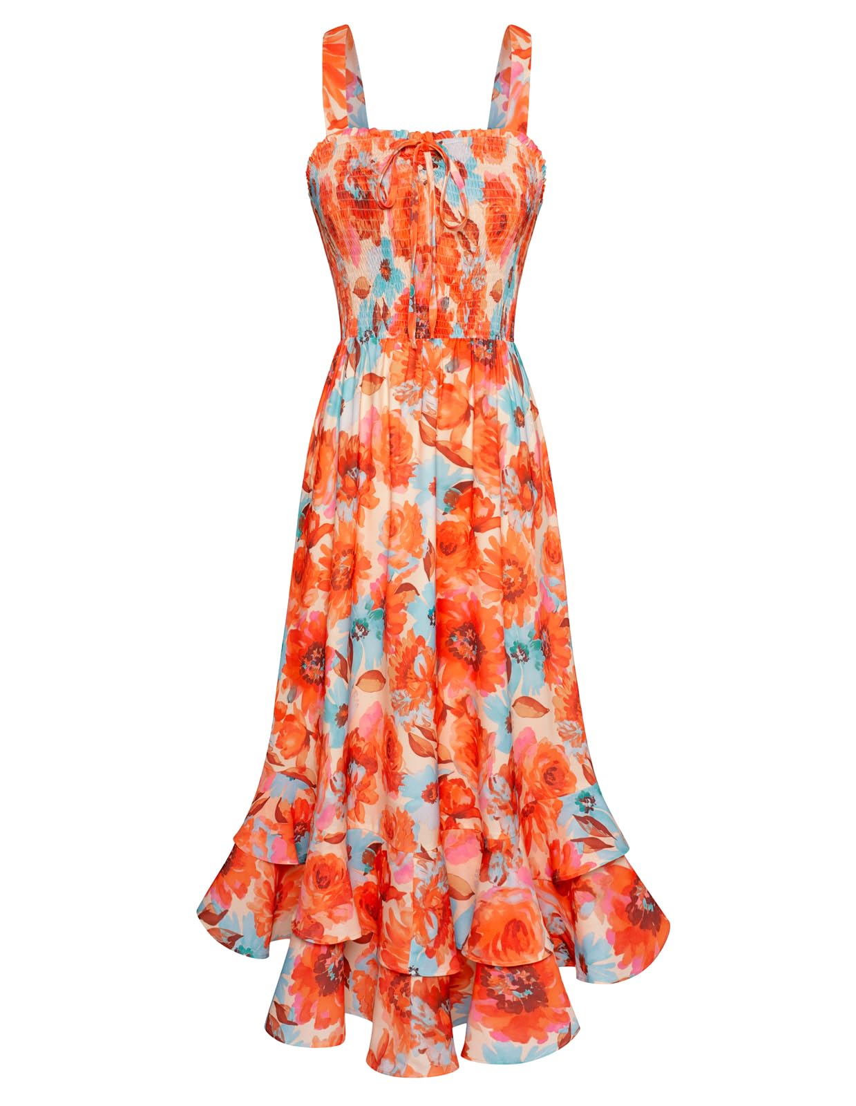 Mildred Robe Maxi Femme – Col Carré Bretelles, Coupe A-Line Smockée & Ourlet Volants Été