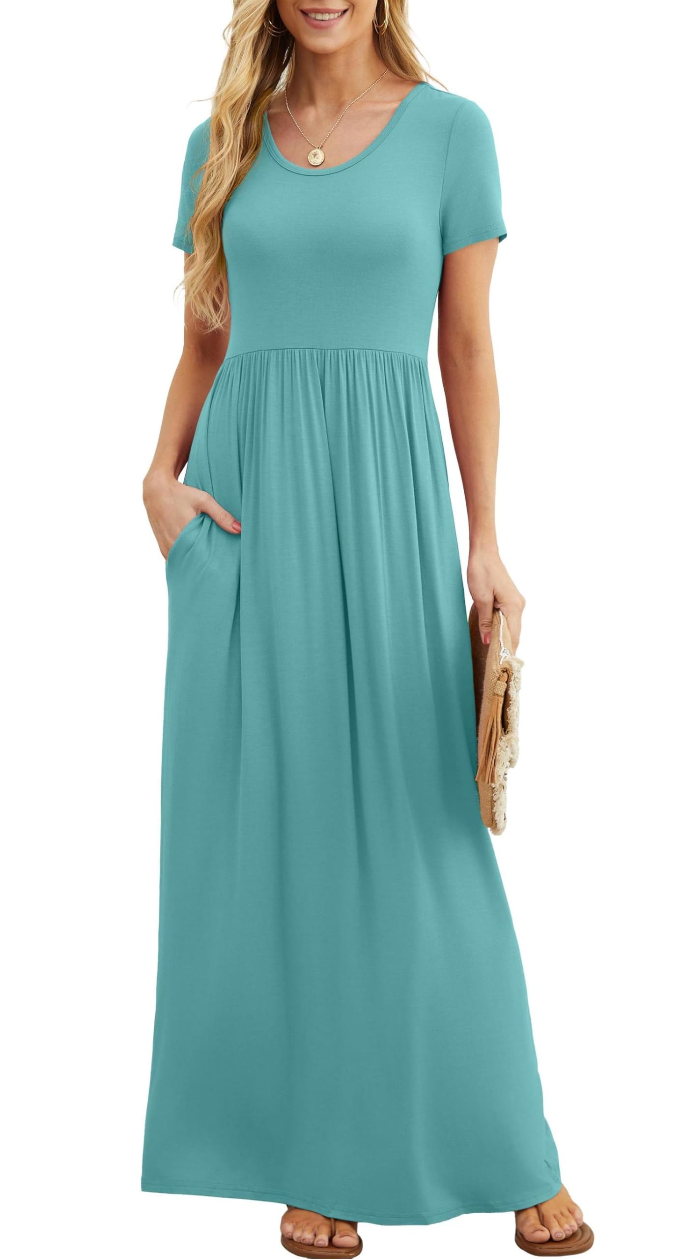 Vestido Maxi Bridget Mulher – Gola Redonda Lisa, Corte Fluido e Cintura Alta com Bolsos Verão