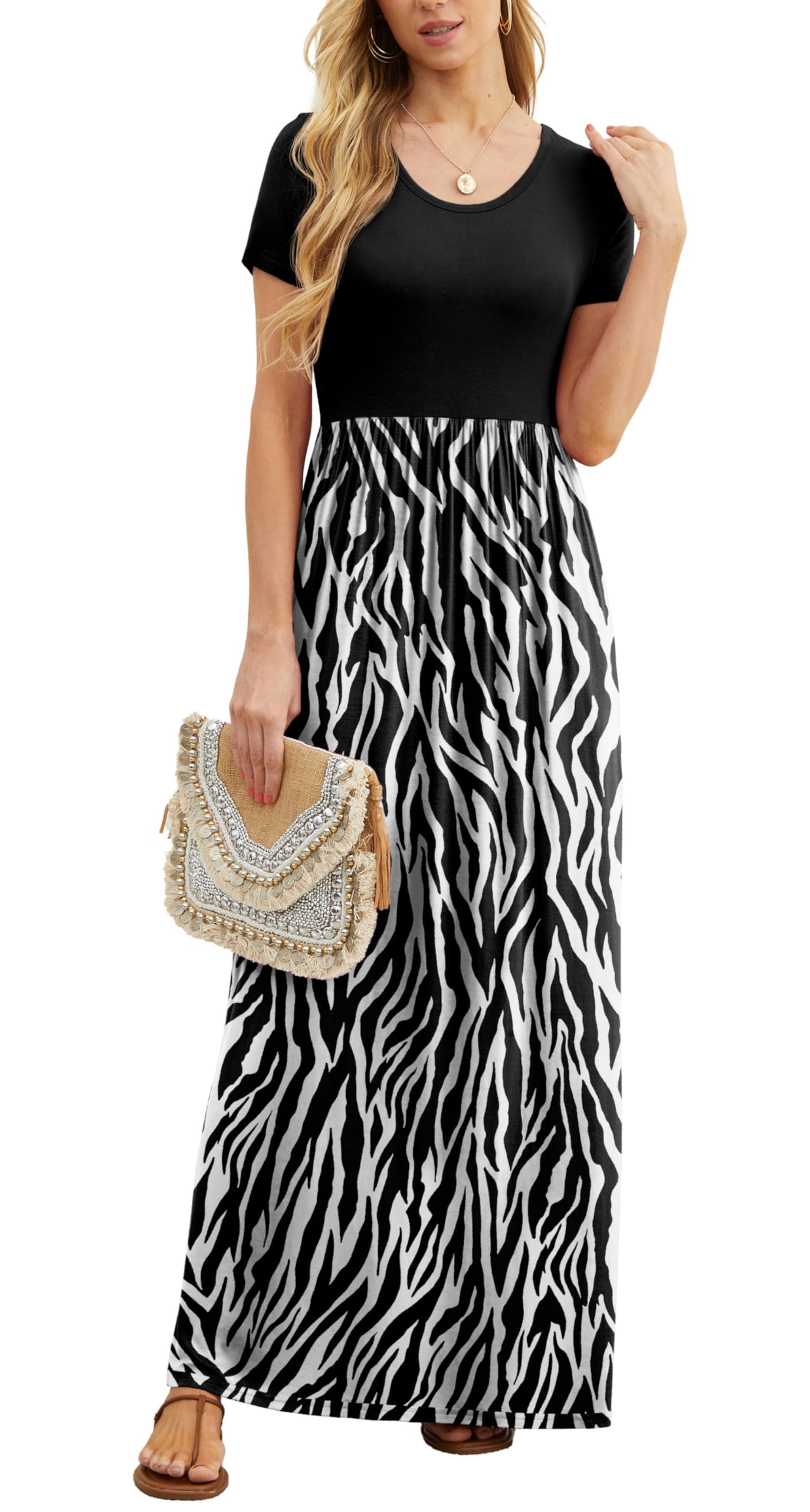 Vestido Maxi Bridget Mulher – Gola Redonda Lisa, Corte Fluido e Cintura Alta com Bolsos Verão
