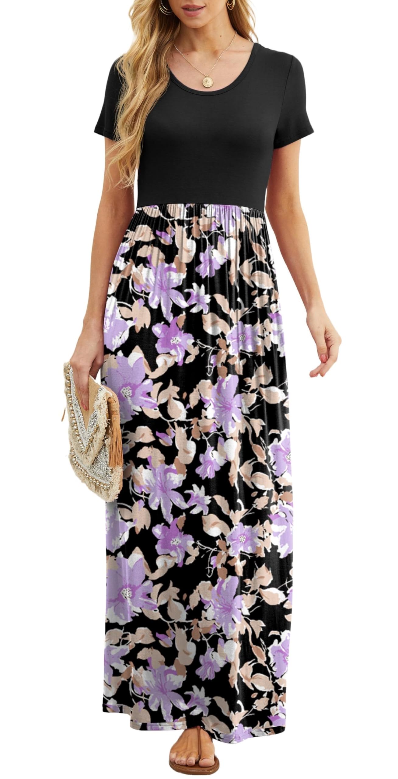 Vestido Maxi Bridget Mulher – Gola Redonda Lisa, Corte Fluido e Cintura Alta com Bolsos Verão