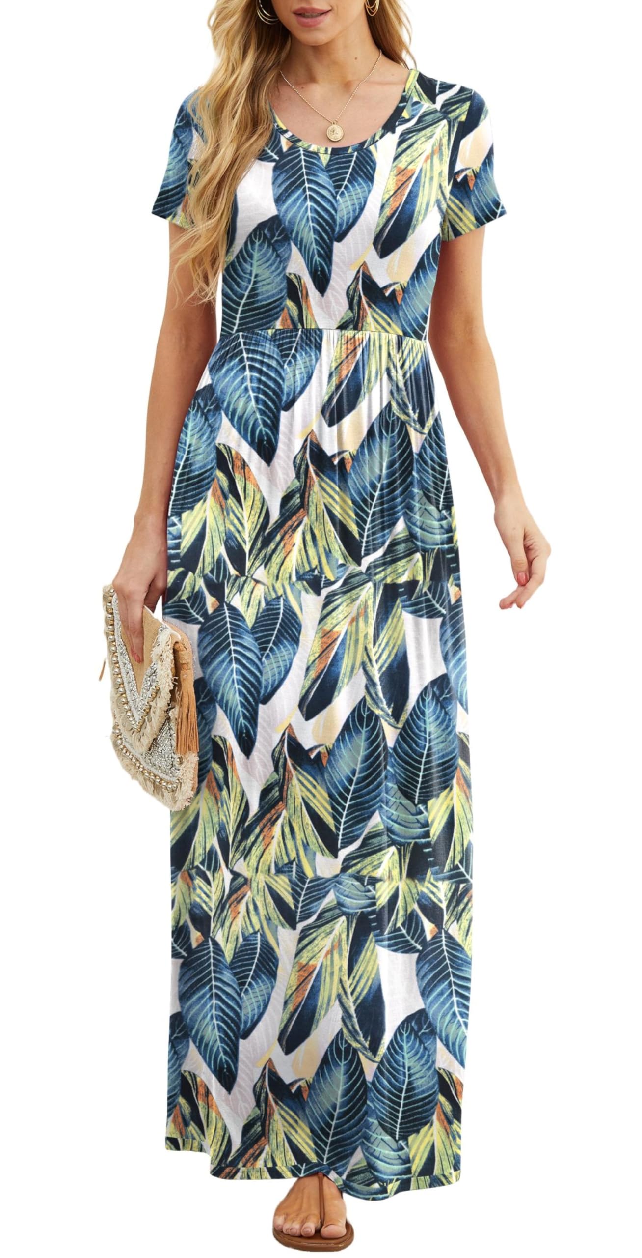 Vestido Maxi Bridget Mulher – Gola Redonda Lisa, Corte Fluido e Cintura Alta com Bolsos Verão