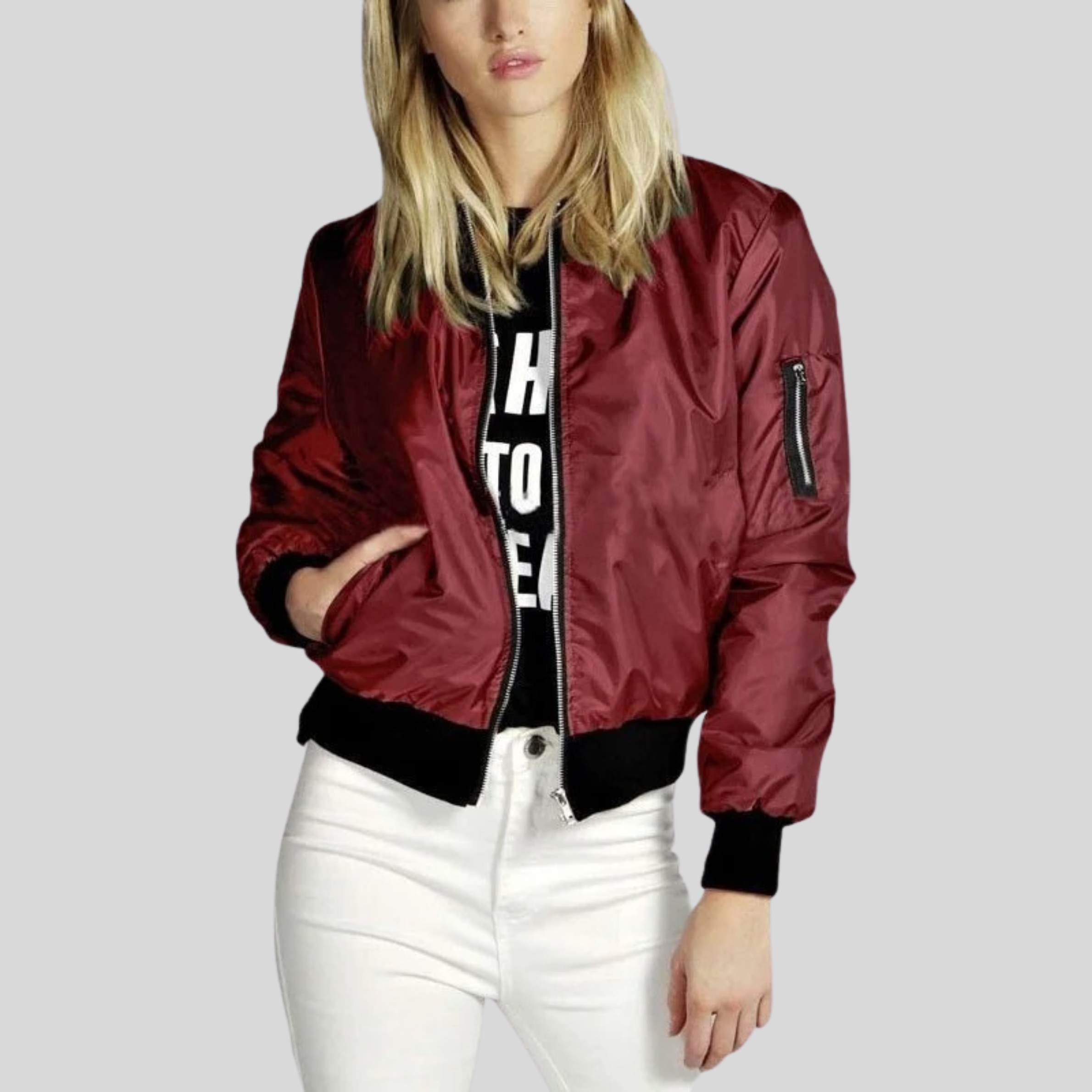 Khloe Women's Bomber Jacket – Lightweight Model with Long Sleeves, Zipper & Side Pockets