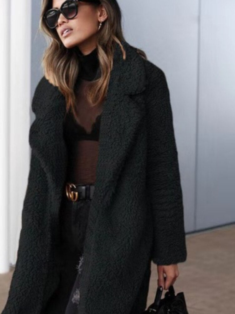Mila Manteau Teddy Femme Long Oversize – Manteau d’Hiver Doux avec Col Revers Élégant