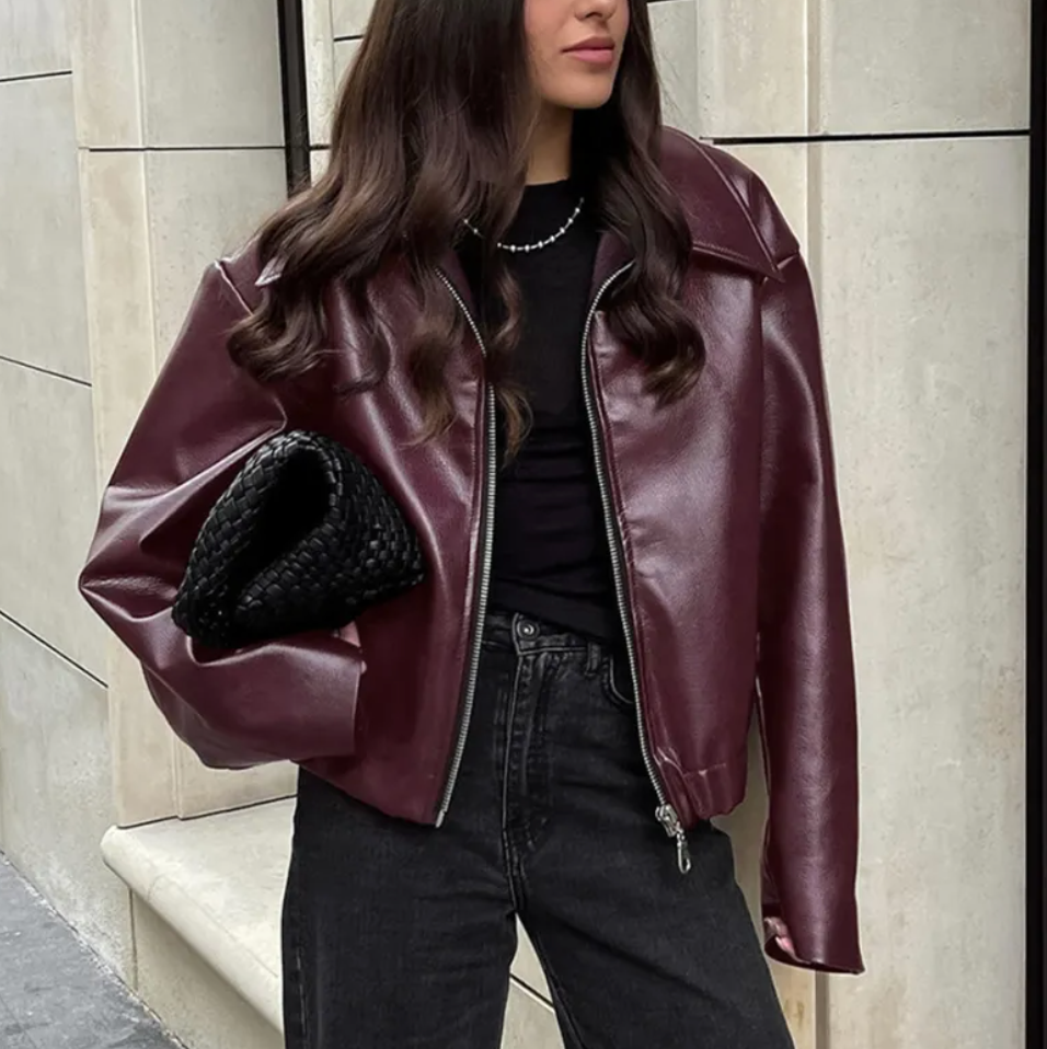 Casaco Celeste Bomber Mulher em Pele Sintética – Corte Oversize na Moda com Gola Clássica