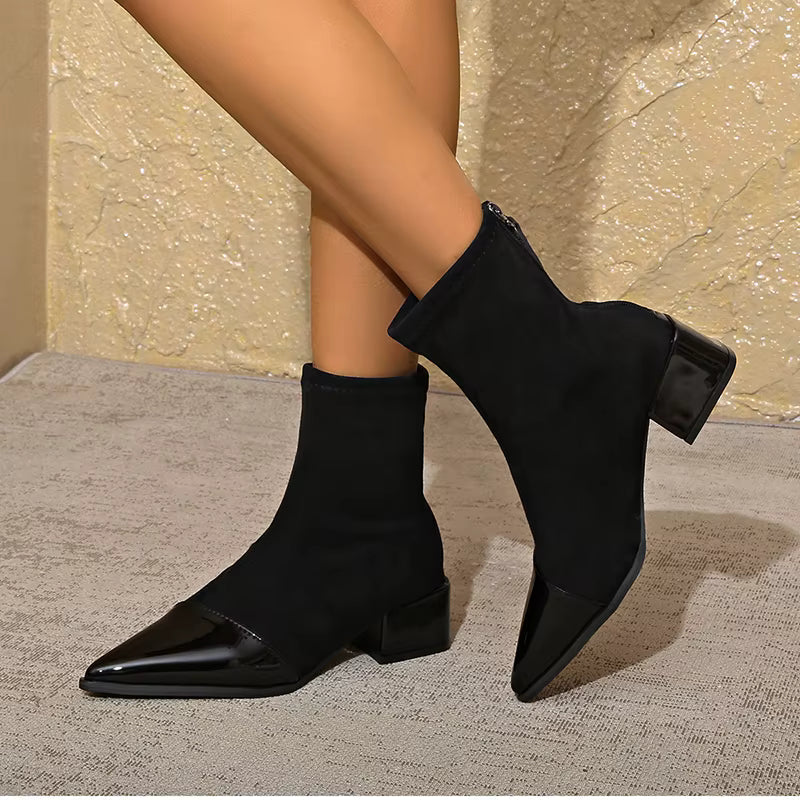 Gracia Damen-Stiefeletten – Elegante Wildleder-Boots mit Lackdetails und bequemem Blockabsatz