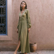 Sadie Maxi Women's Dress - Abito estivo Khaki al 100% con eleganti brufoli e dettagli