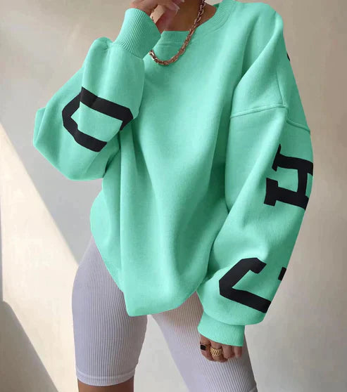 Bluza Arvery Oversize Damska – Bawełniany Sweter z Graficznymi Rękawami i Okrągłym Kołnierzem