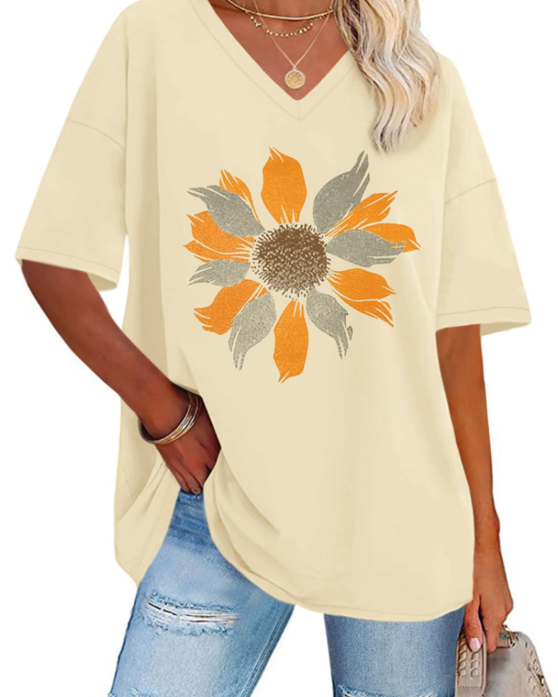 Dámské tričko Paisley s potiskem – volný oversized top s výstřihem do V, ležérní styl