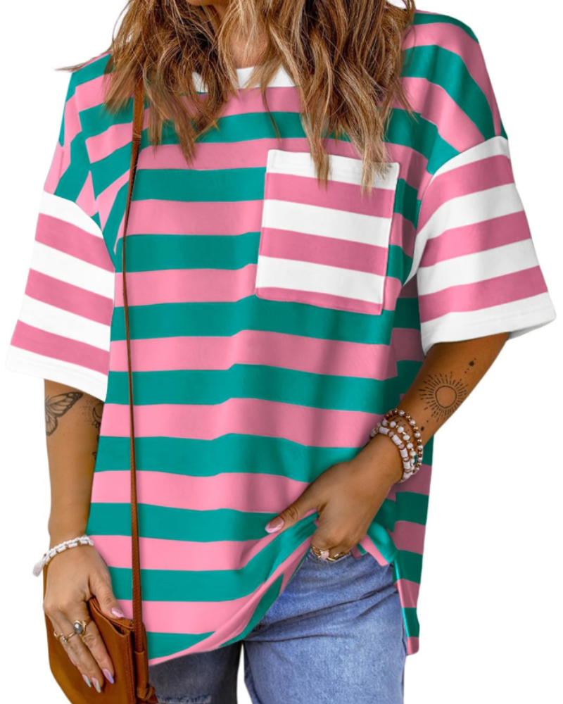 Γυναικείο T-Shirt Brielle με Ρίγες – Oversize Μπλούζα με Στρογγυλή Λαιμόκοψη και Χρωματικό Μπλοκ